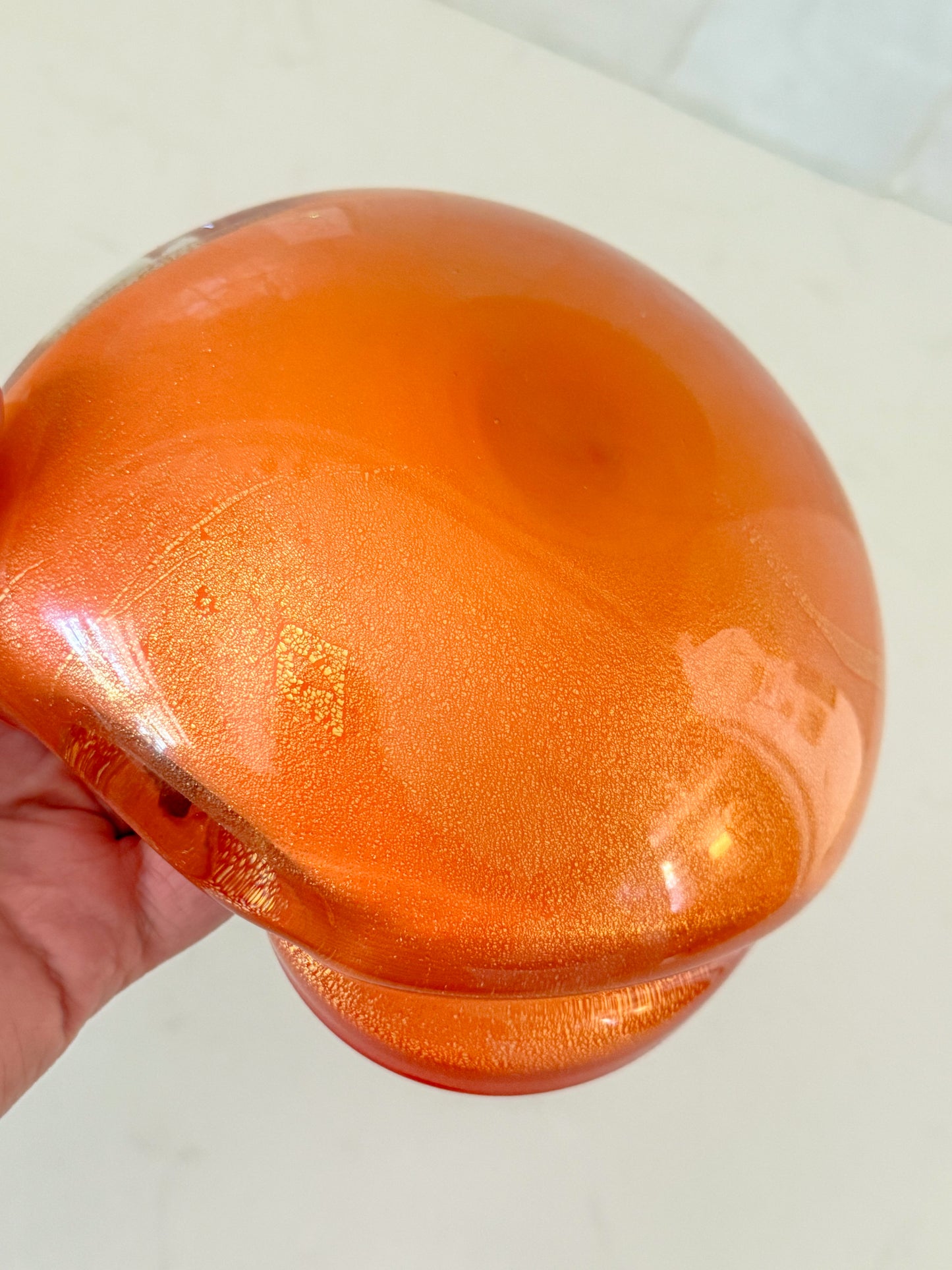 Mid Century Barbini Murano Orange and White Gold Flecks Italian Art Glass Bowl
