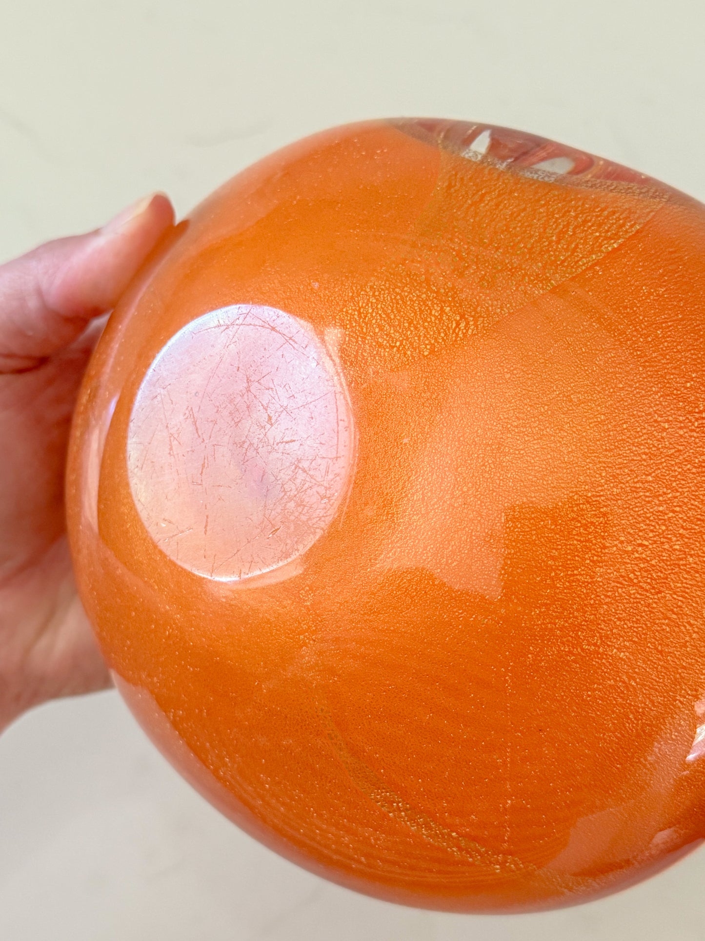 Mid Century Barbini Murano Orange and White Gold Flecks Italian Art Glass Bowl