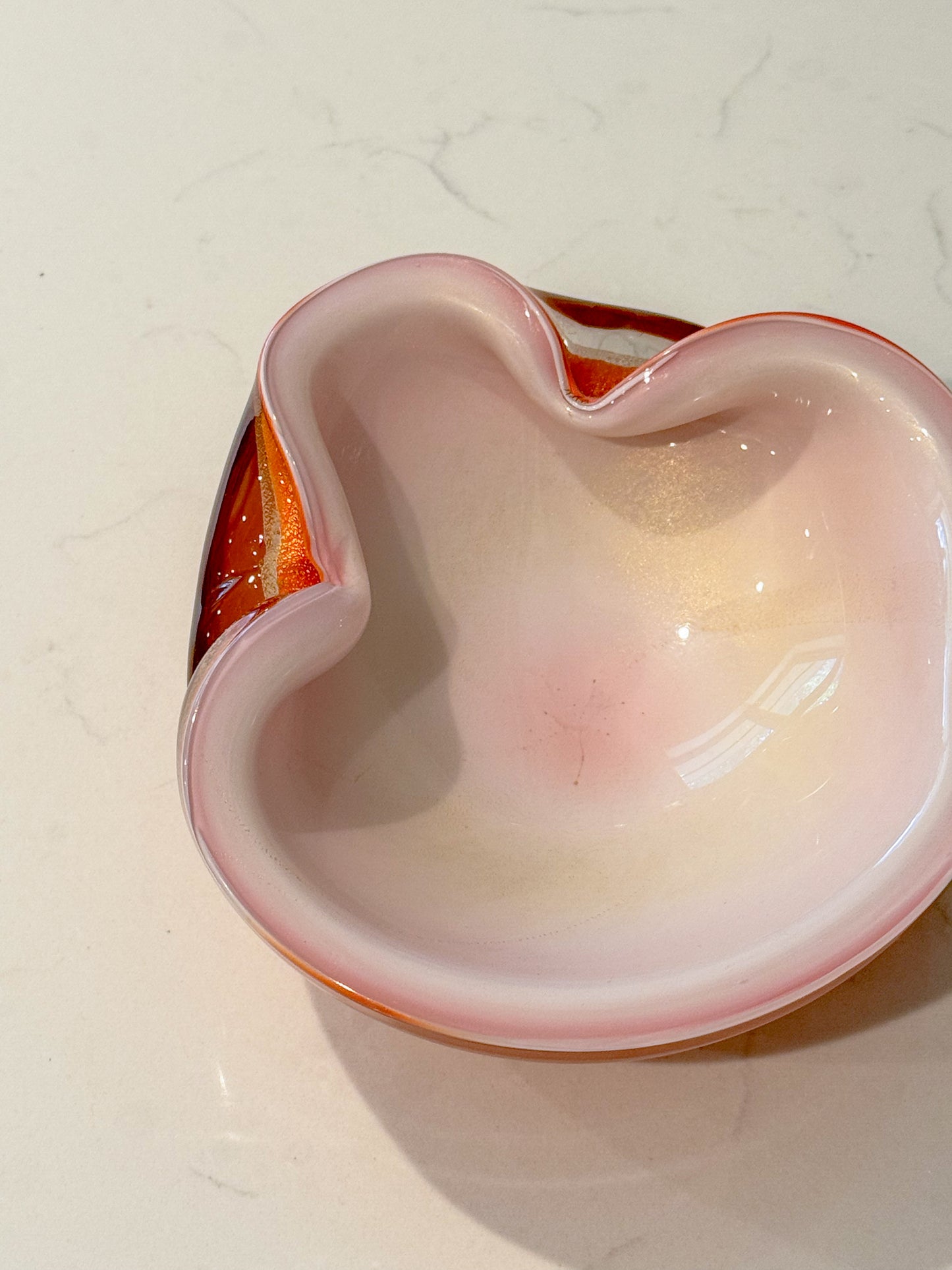 Mid Century Barbini Murano Orange and White Gold Flecks Italian Art Glass Bowl