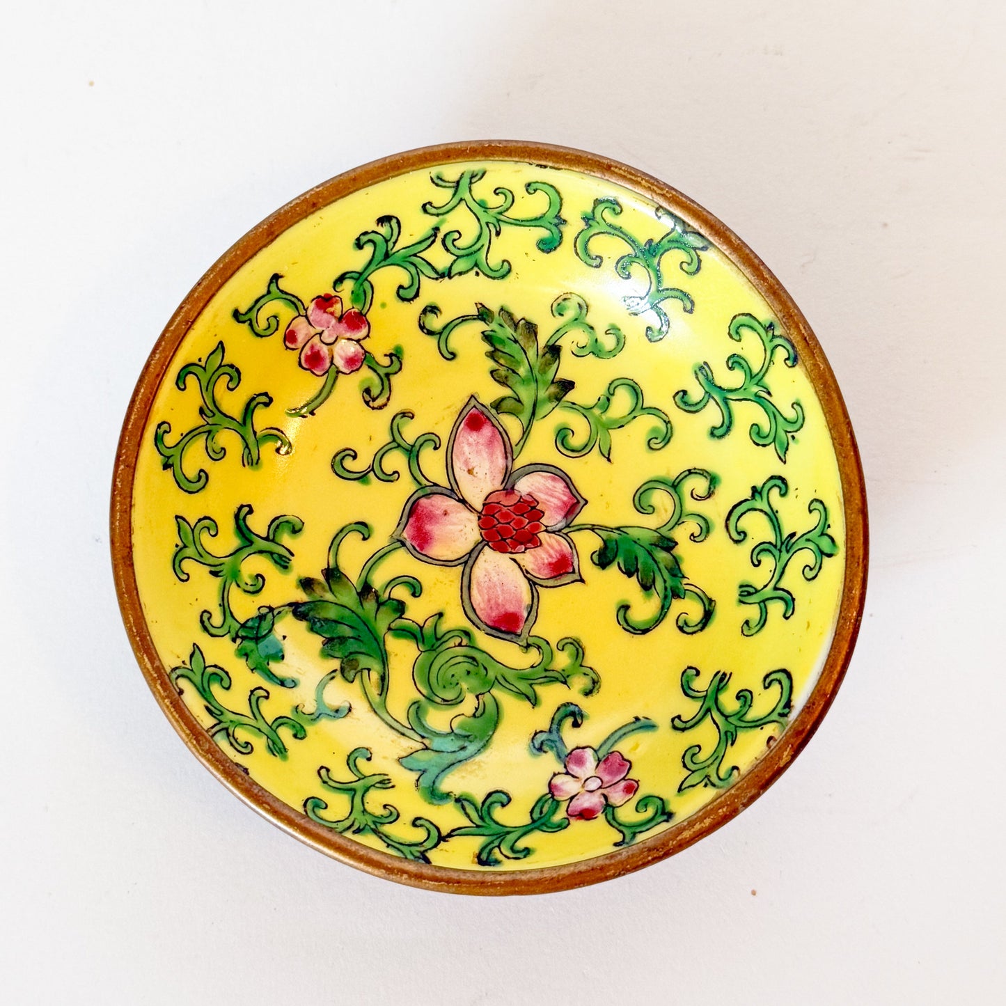Vintage Brass Encased Yellow Chinoiserie Porcelain Dish
