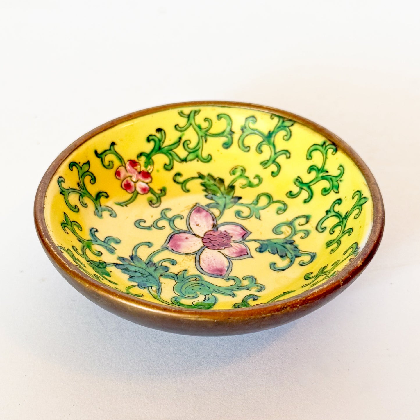 Vintage Brass Encased Yellow Chinoiserie Porcelain Dish