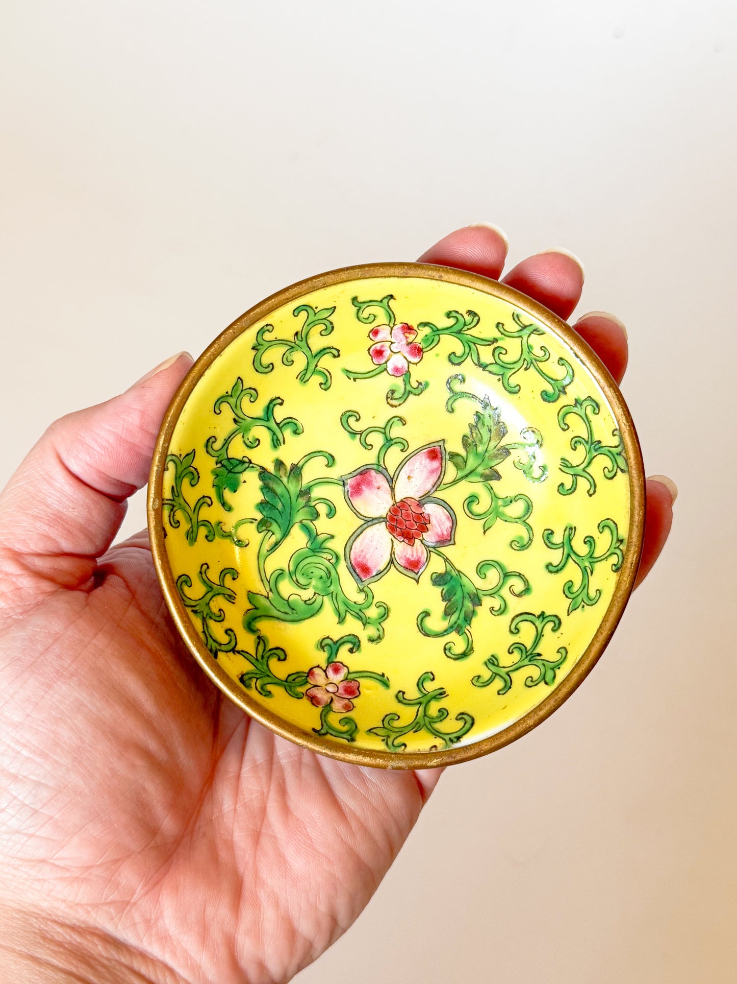 Vintage Brass Encased Yellow Chinoiserie Porcelain Dish