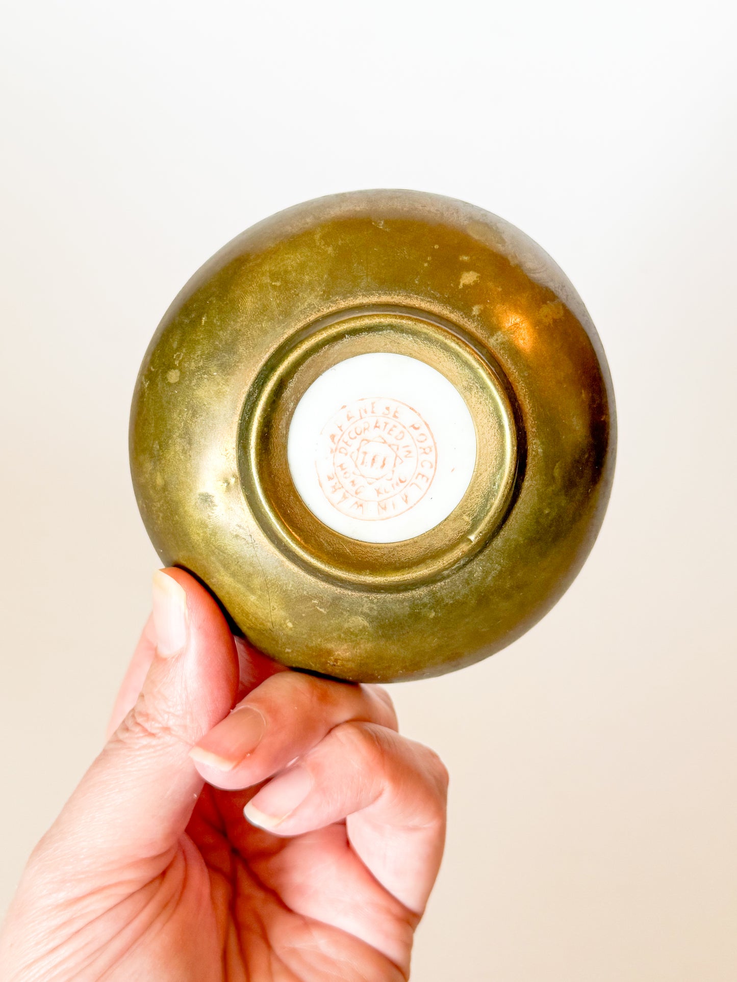 Vintage Brass Encased Yellow Chinoiserie Porcelain Dish