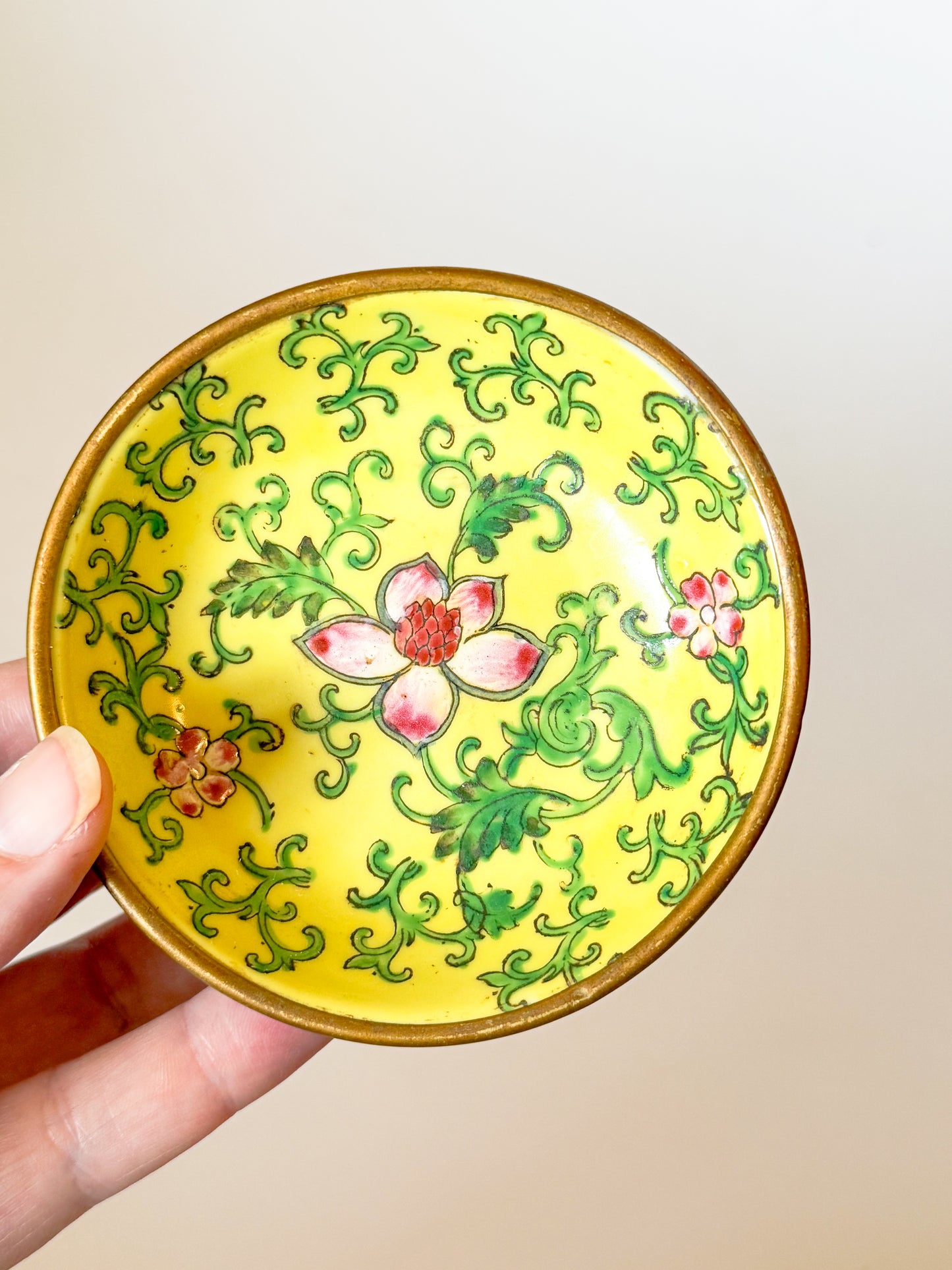Vintage Brass Encased Yellow Chinoiserie Porcelain Dish