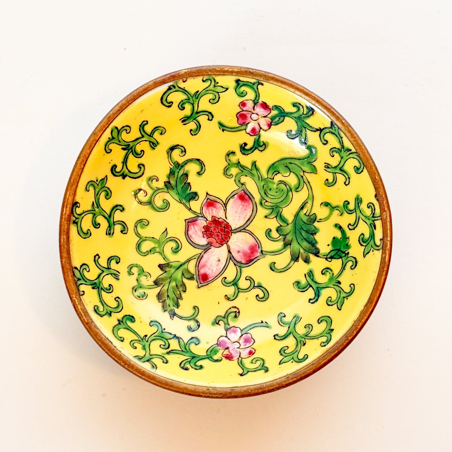 Vintage Brass Encased Yellow Chinoiserie Porcelain Dish