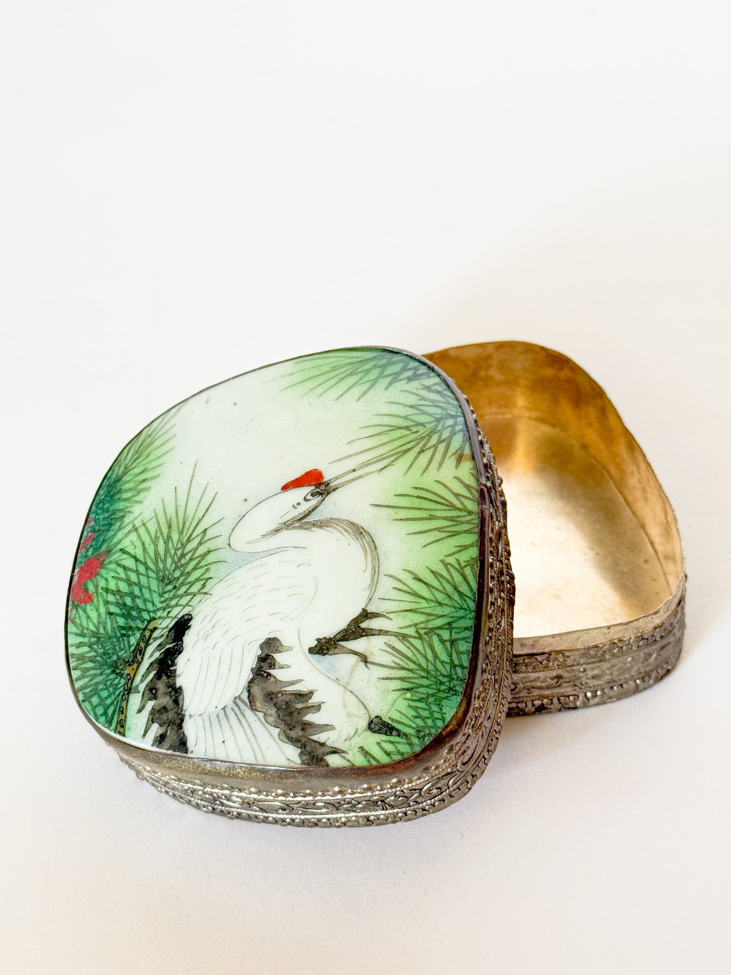 Vintage Crane Porcelain Shard Trinket Box