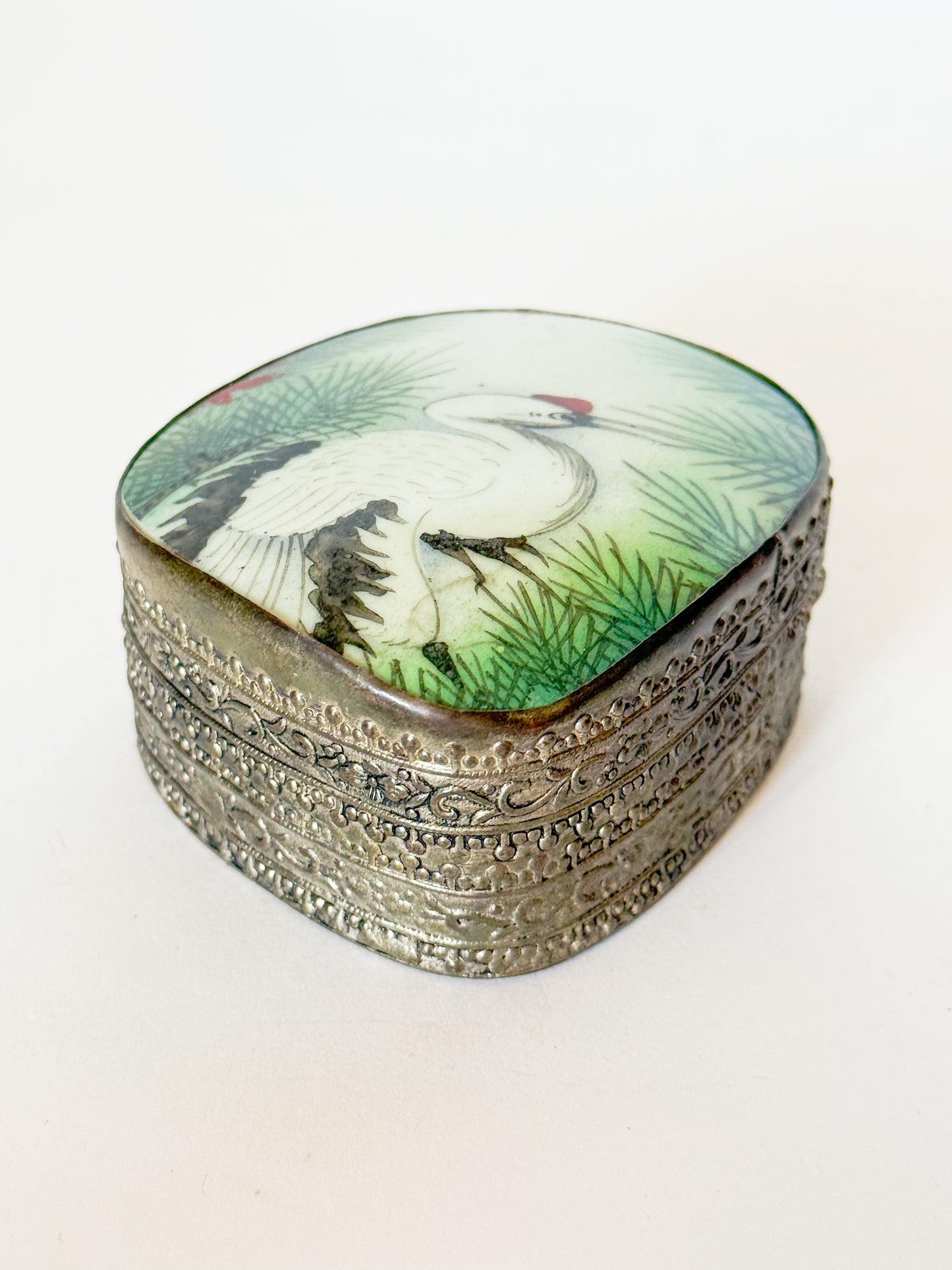 Vintage Crane Porcelain Shard Trinket Box