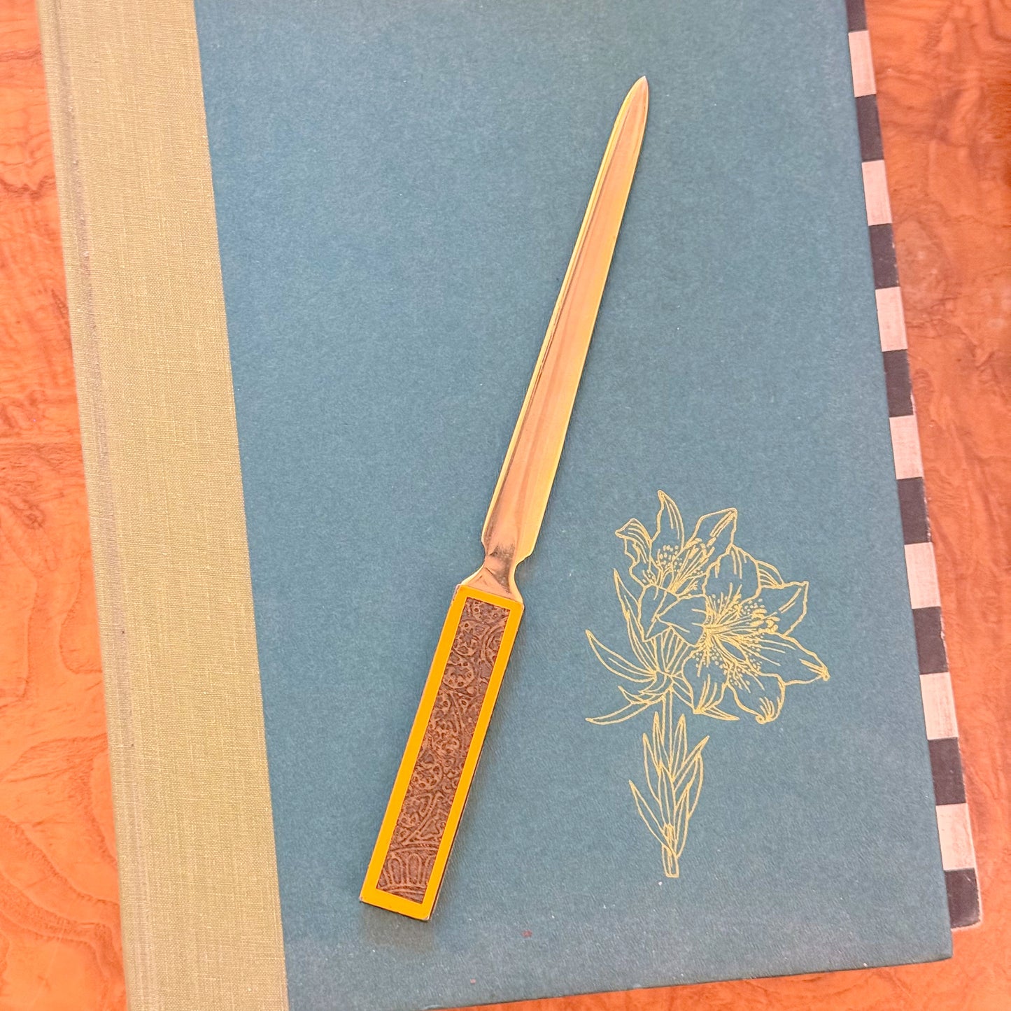 Vintage Brass and Yellow Embossed Letter Opener