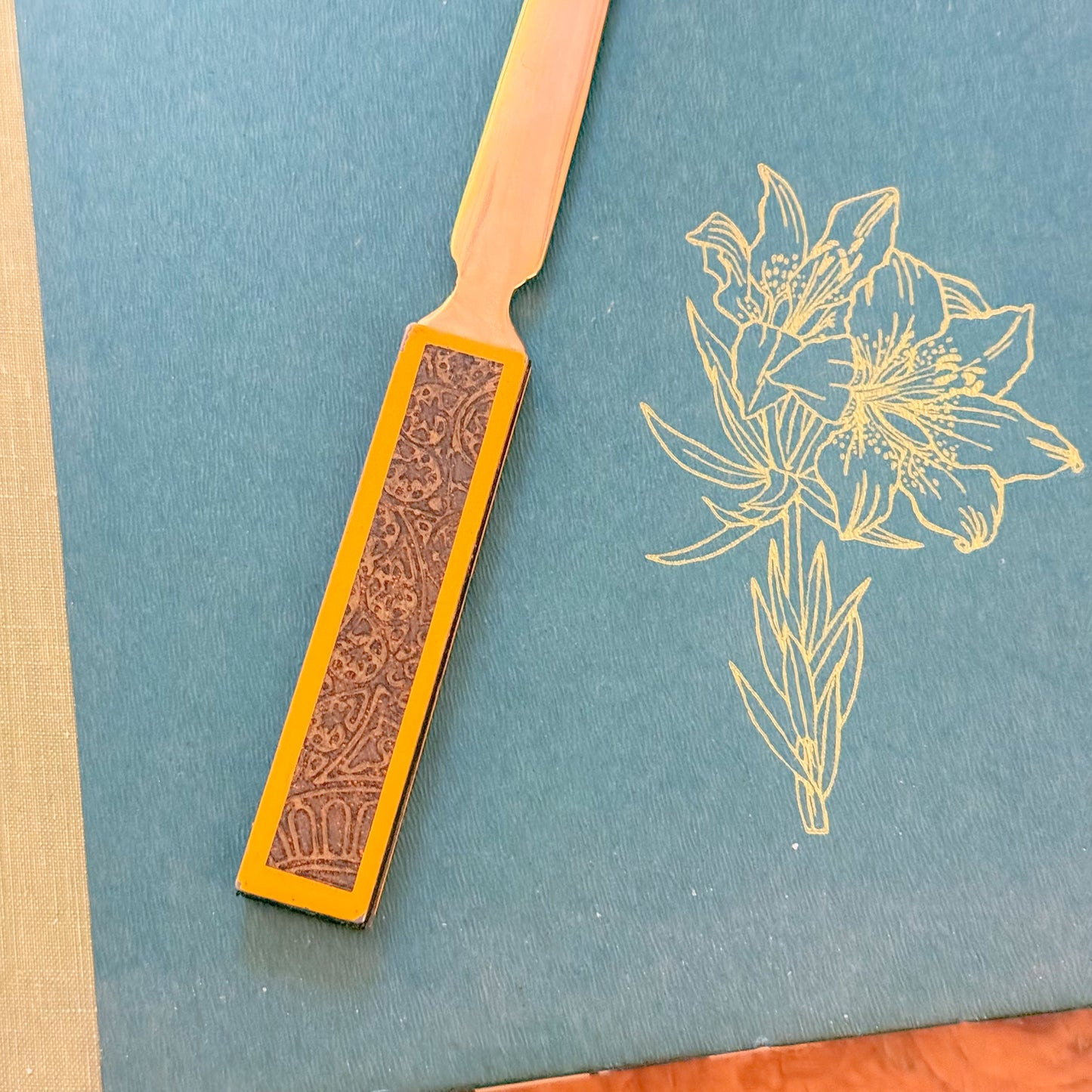 Vintage Brass and Yellow Embossed Letter Opener