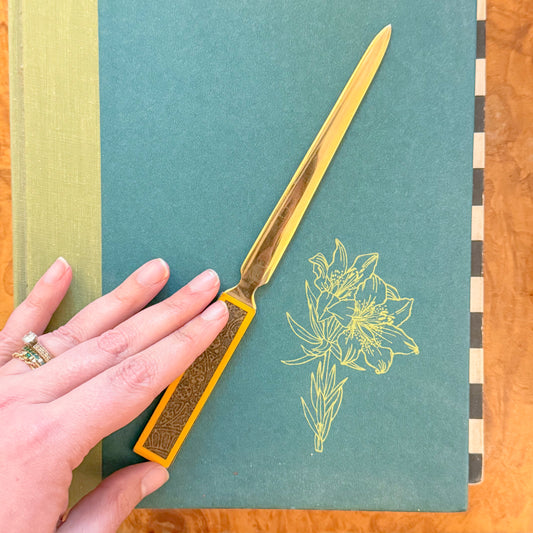 Vintage Brass and Yellow Embossed Letter Opener