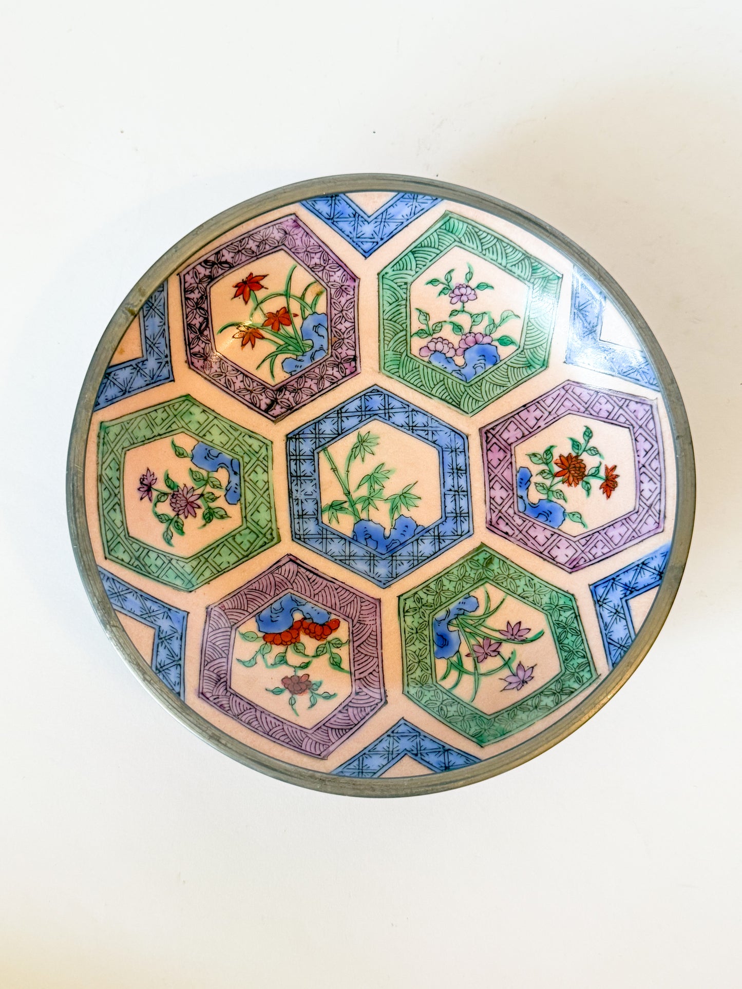 Vintage Pewter Encased Porcelain Chinoiserie Bowl