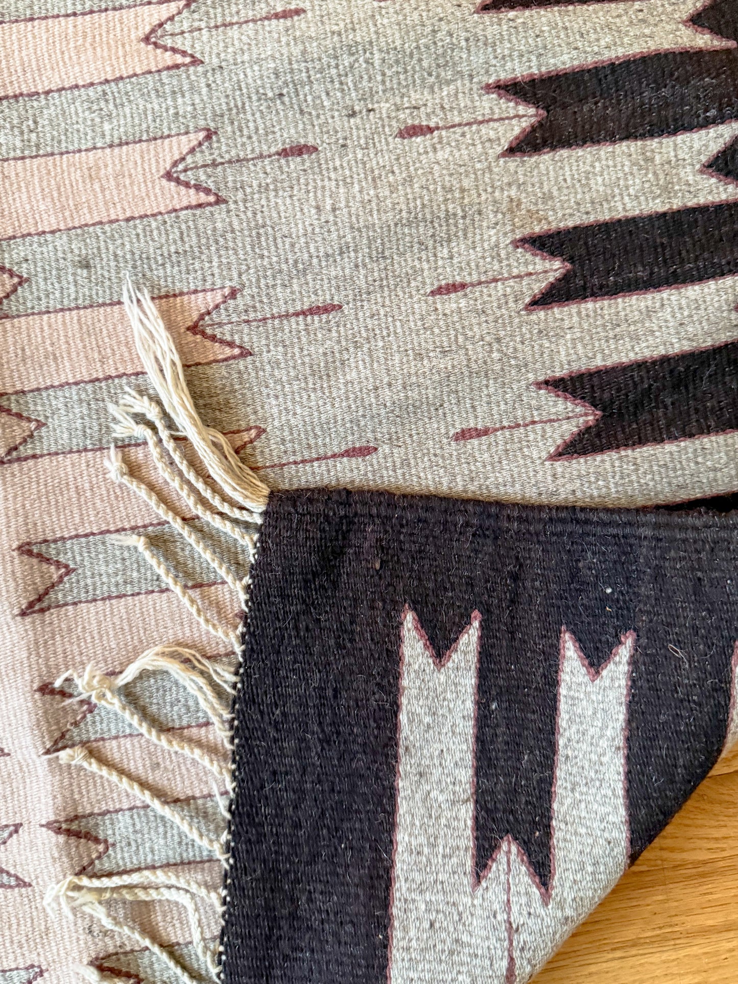 Vintage Zapotec Wool Woven Rug 34x60 Brown Blush Pink Textile Wall Hanging