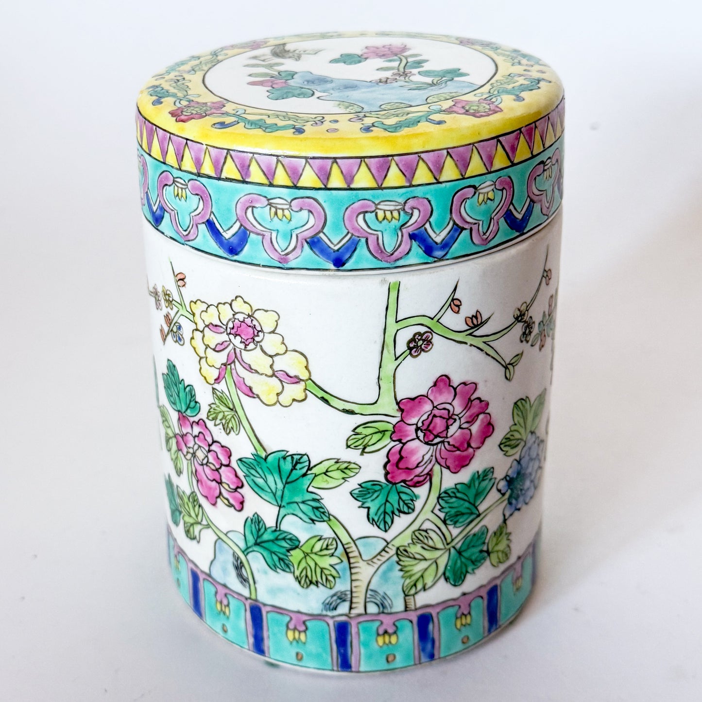 Vintage Famille Rose Porcelain Peony Chinoiserie Tea Jar Canister