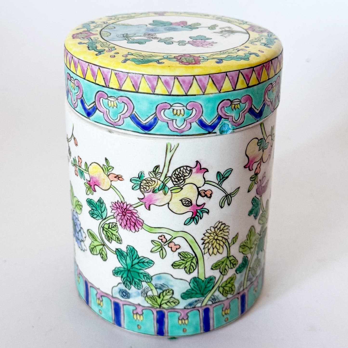 Vintage Famille Rose Porcelain Peony Chinoiserie Tea Jar Canister