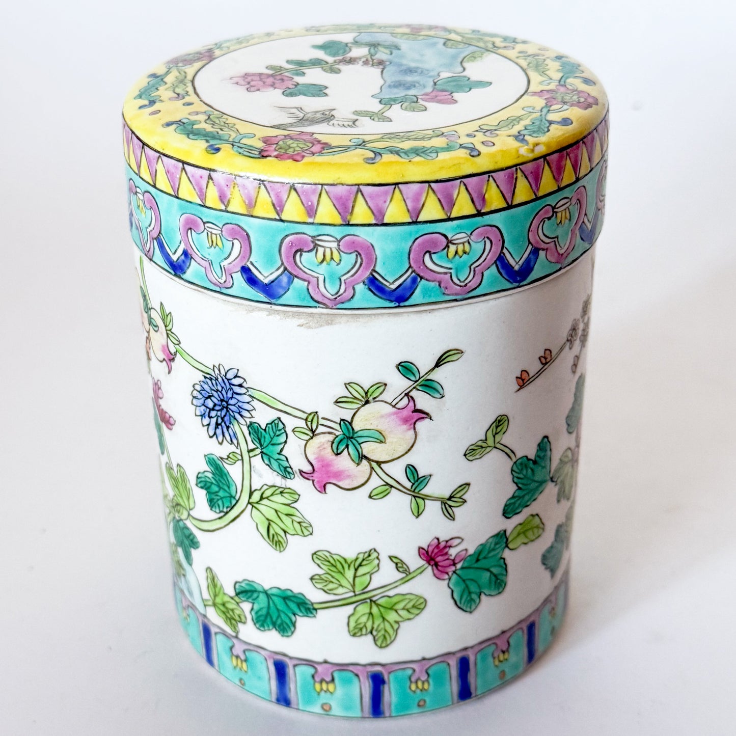Vintage Famille Rose Porcelain Peony Chinoiserie Tea Jar Canister