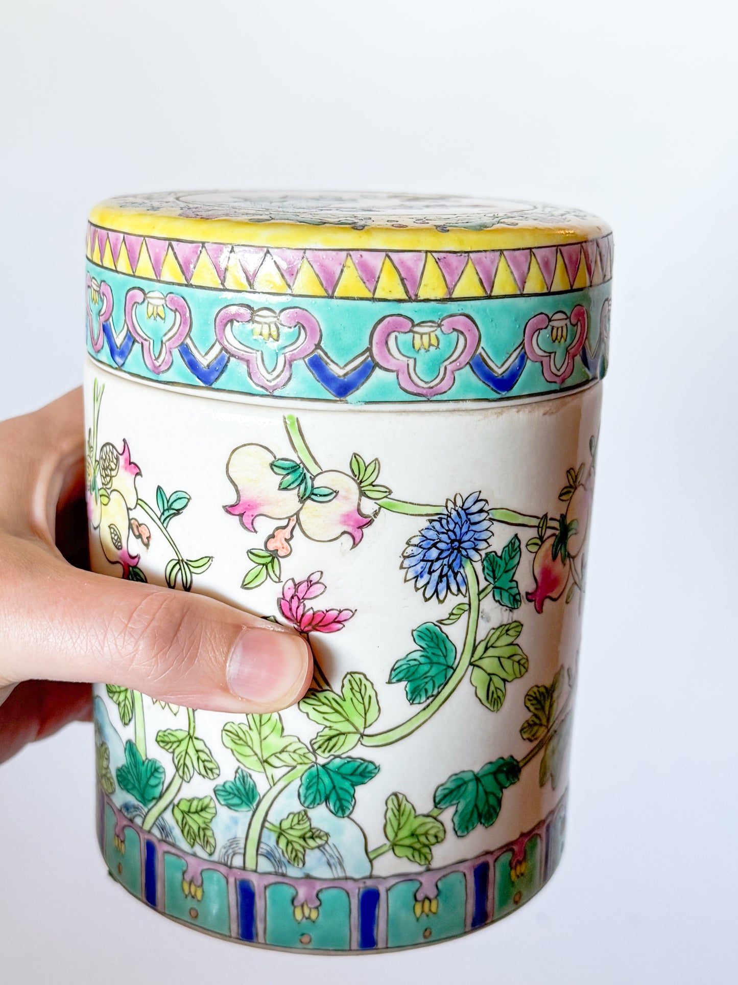 Vintage Famille Rose Porcelain Peony Chinoiserie Tea Jar Canister