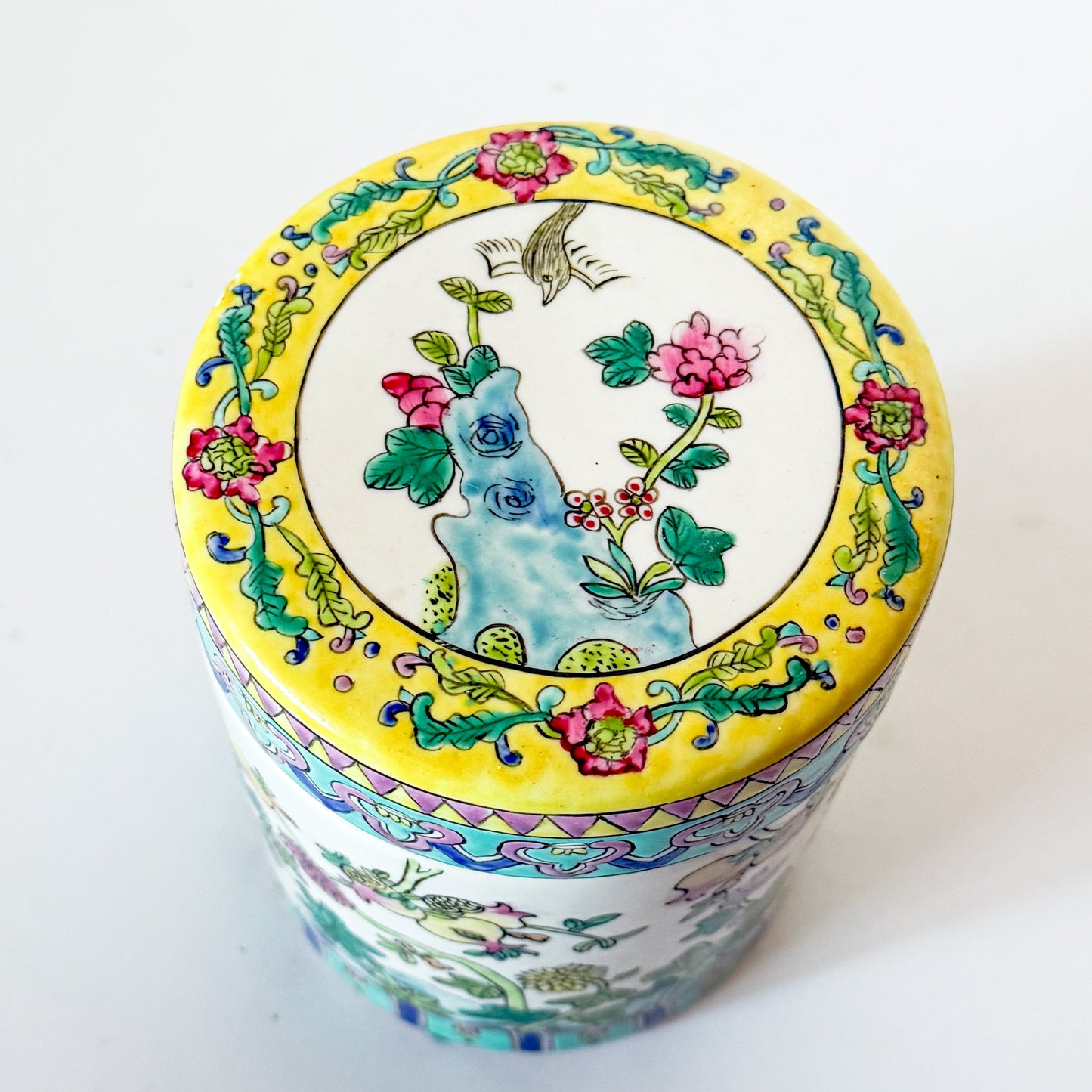 Vintage Famille Rose Porcelain Peony Chinoiserie Tea Jar Canister