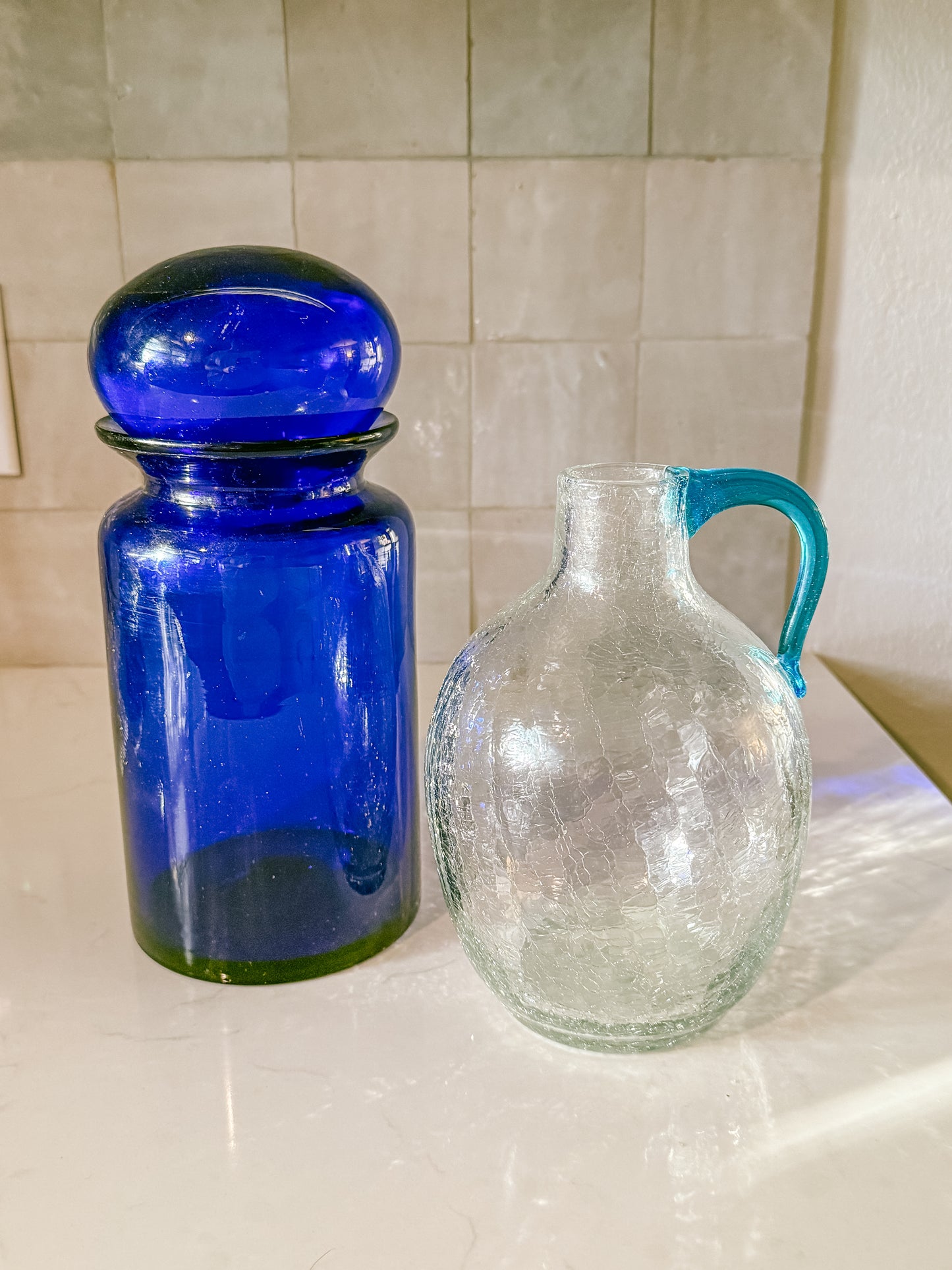 1950s Blenko #417 Clear Crackle Blown Glass Jug, Blue Handle