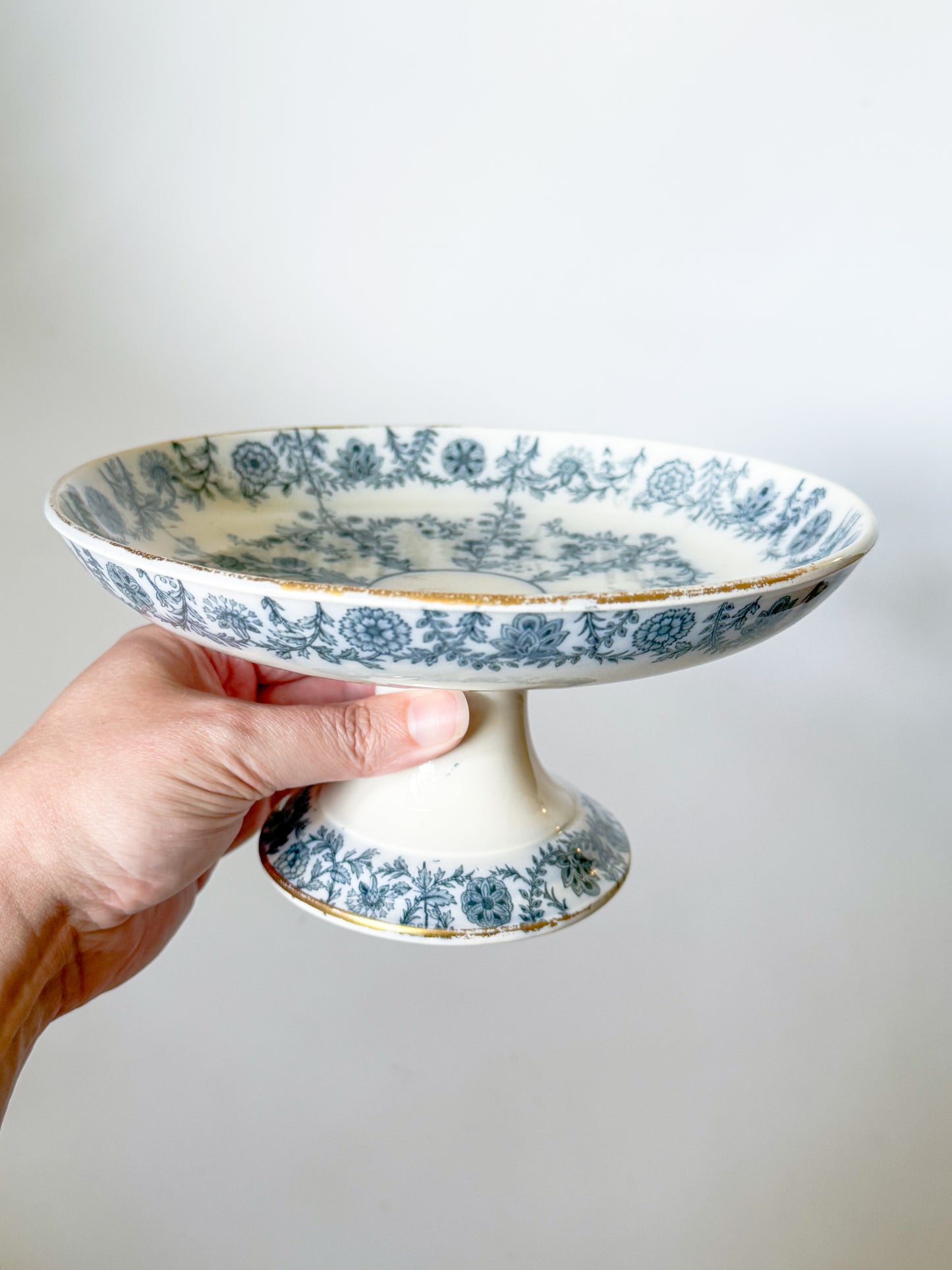 Antique Spode Copeland Blue and White Transferware Compote, Gray Delhi Pattern, c. 1879