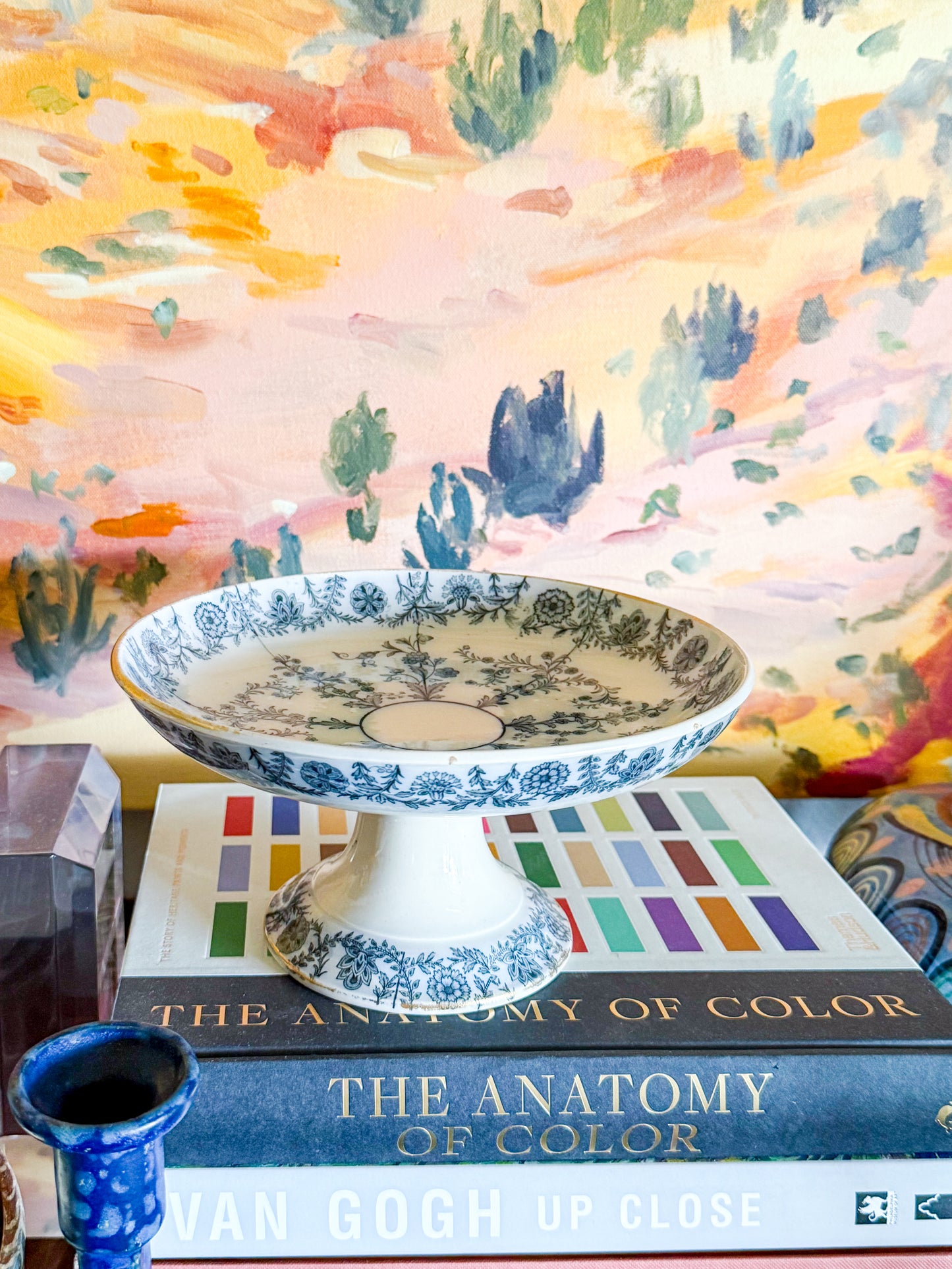 Antique Spode Copeland Blue and White Transferware Compote, Gray Delhi Pattern, c. 1879