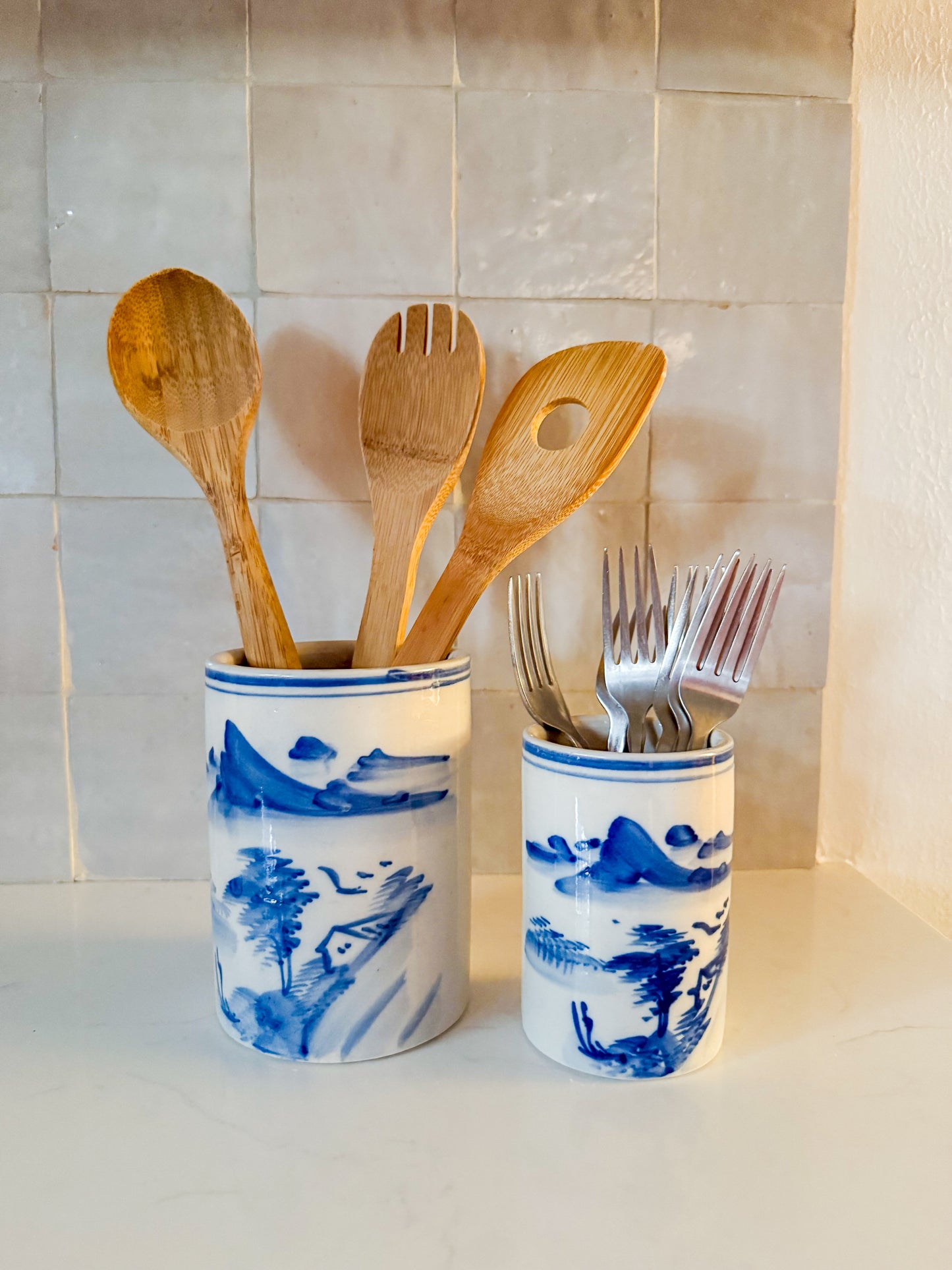 Vintage Chinoiserie Blue and White Brush Pots, Sold Individually