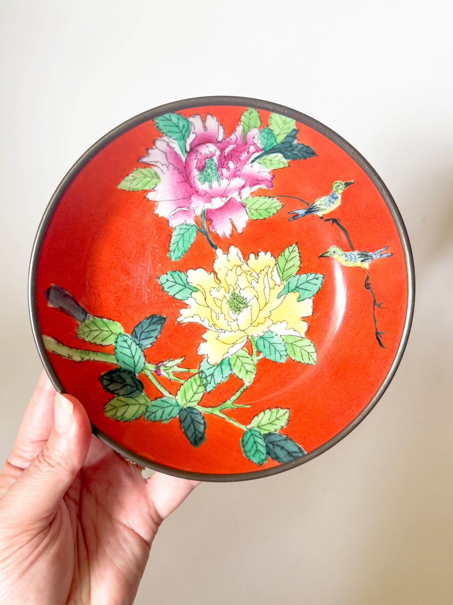 1970s Vintage Brass Encased Peony Chinoiserie Catchall Dish
