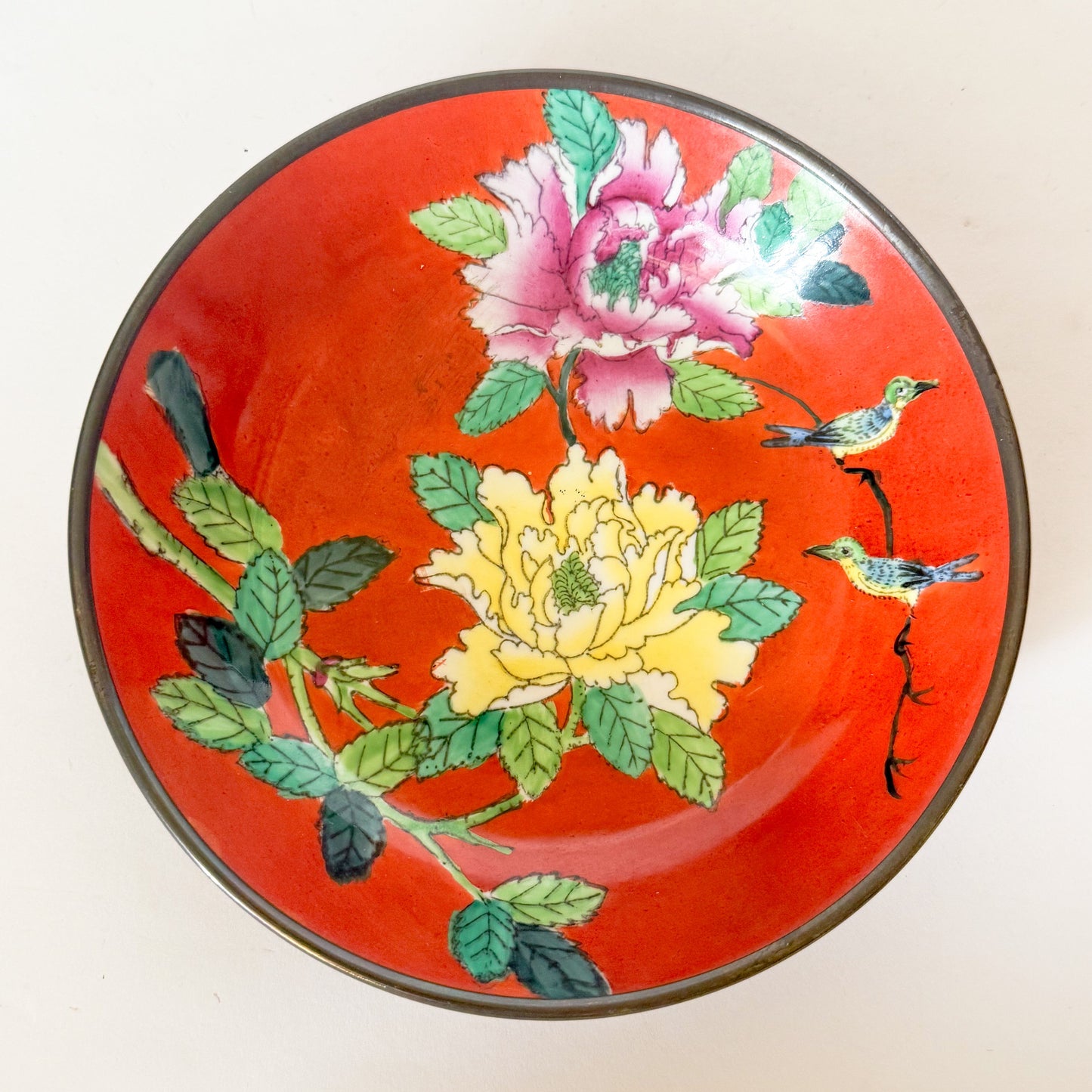 1970s Vintage Brass Encased Peony Chinoiserie Catchall Dish