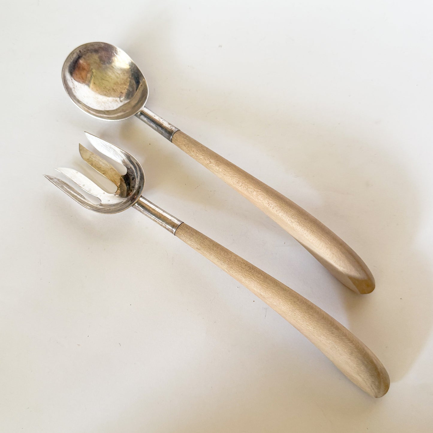 Vintage Mexican Sterling Silver Wood Handle Salad Server Set- 2 Pieces