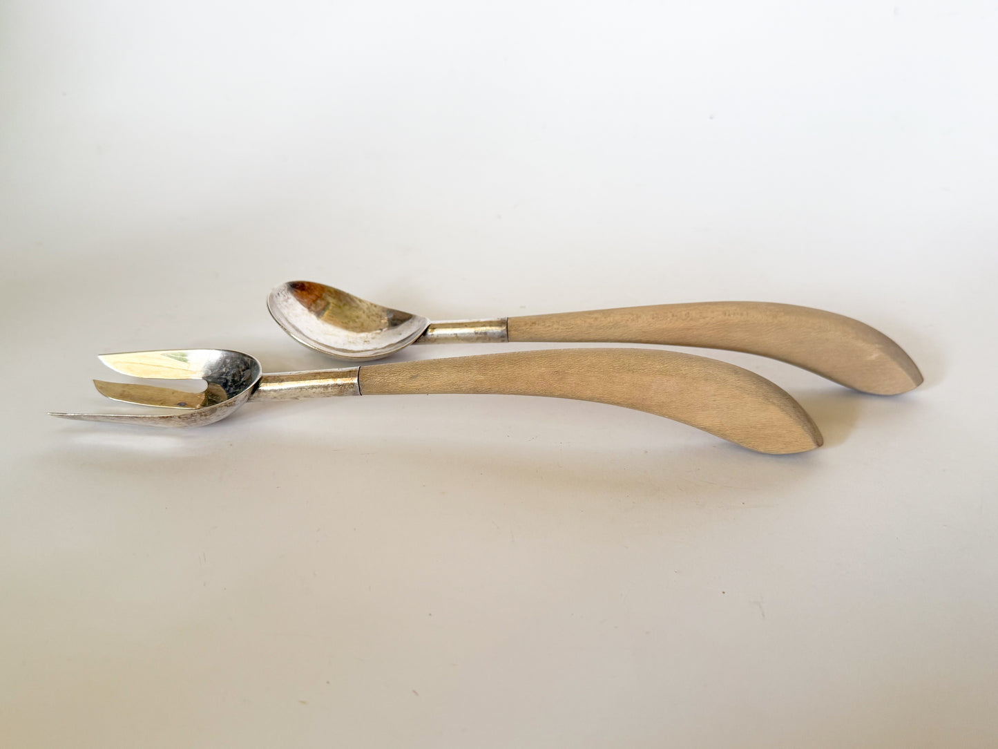 Vintage Mexican Sterling Silver Wood Handle Salad Server Set- 2 Pieces