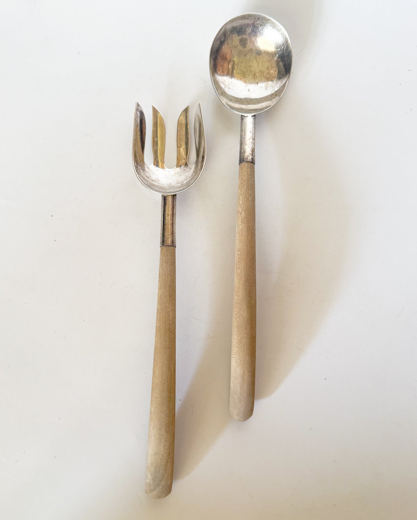 Vintage Mexican Sterling Silver Wood Handle Salad Server Set- 2 Pieces