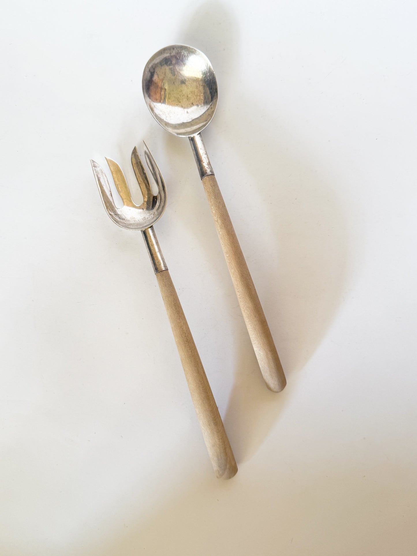 Vintage Mexican Sterling Silver Wood Handle Salad Server Set- 2 Pieces