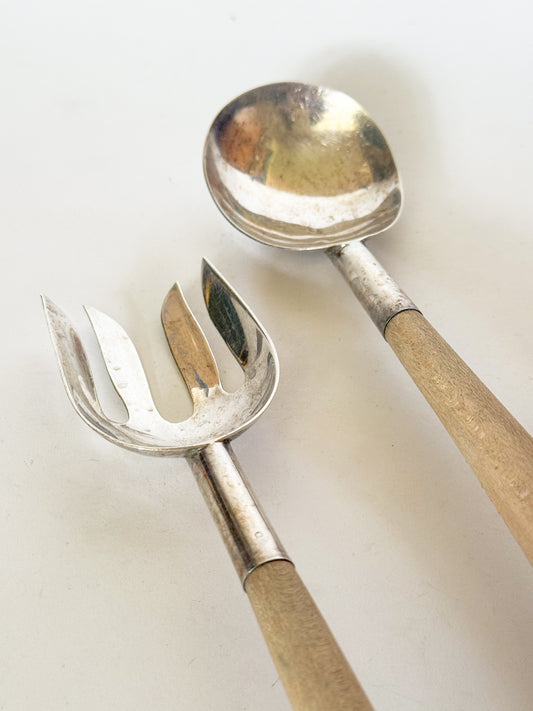Vintage Mexican Sterling Silver Wood Handle Salad Server Set- 2 Pieces