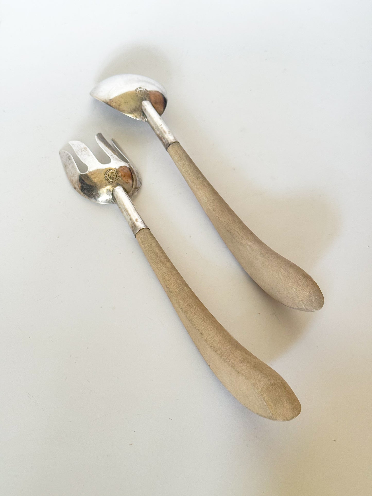 Vintage Mexican Sterling Silver Wood Handle Salad Server Set- 2 Pieces