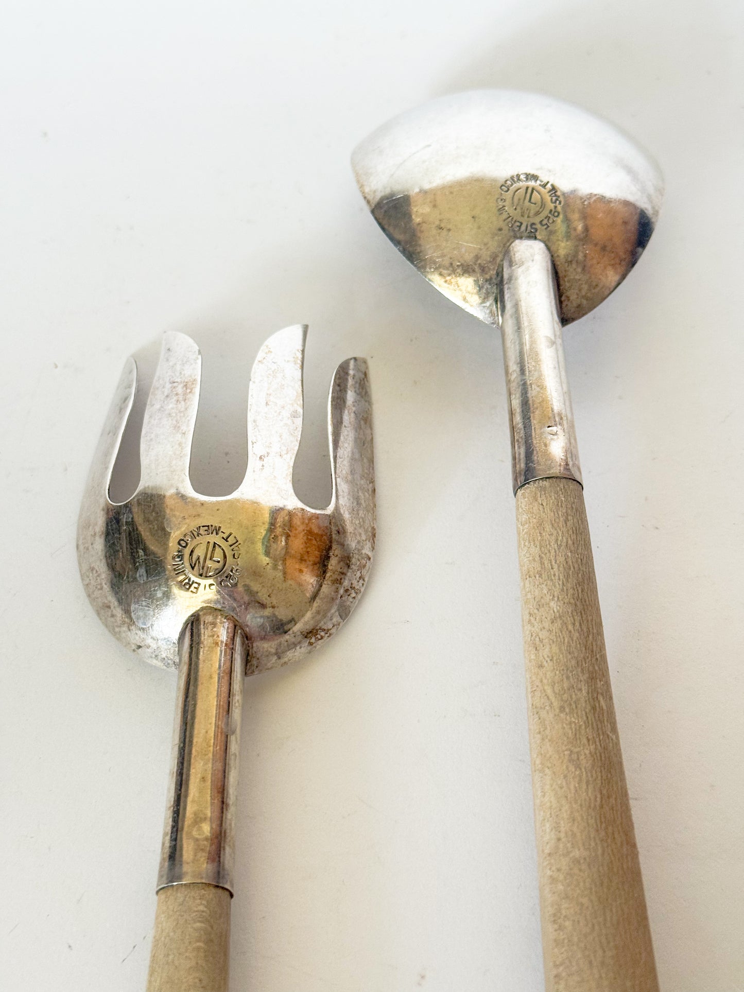 Vintage Mexican Sterling Silver Wood Handle Salad Server Set- 2 Pieces