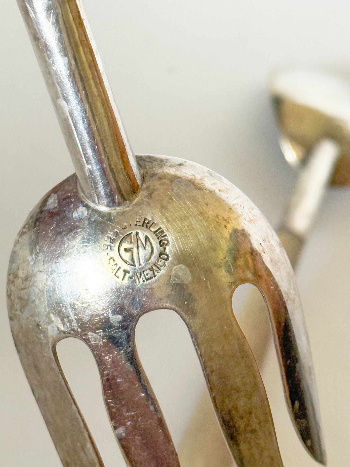 Vintage Mexican Sterling Silver Wood Handle Salad Server Set- 2 Pieces