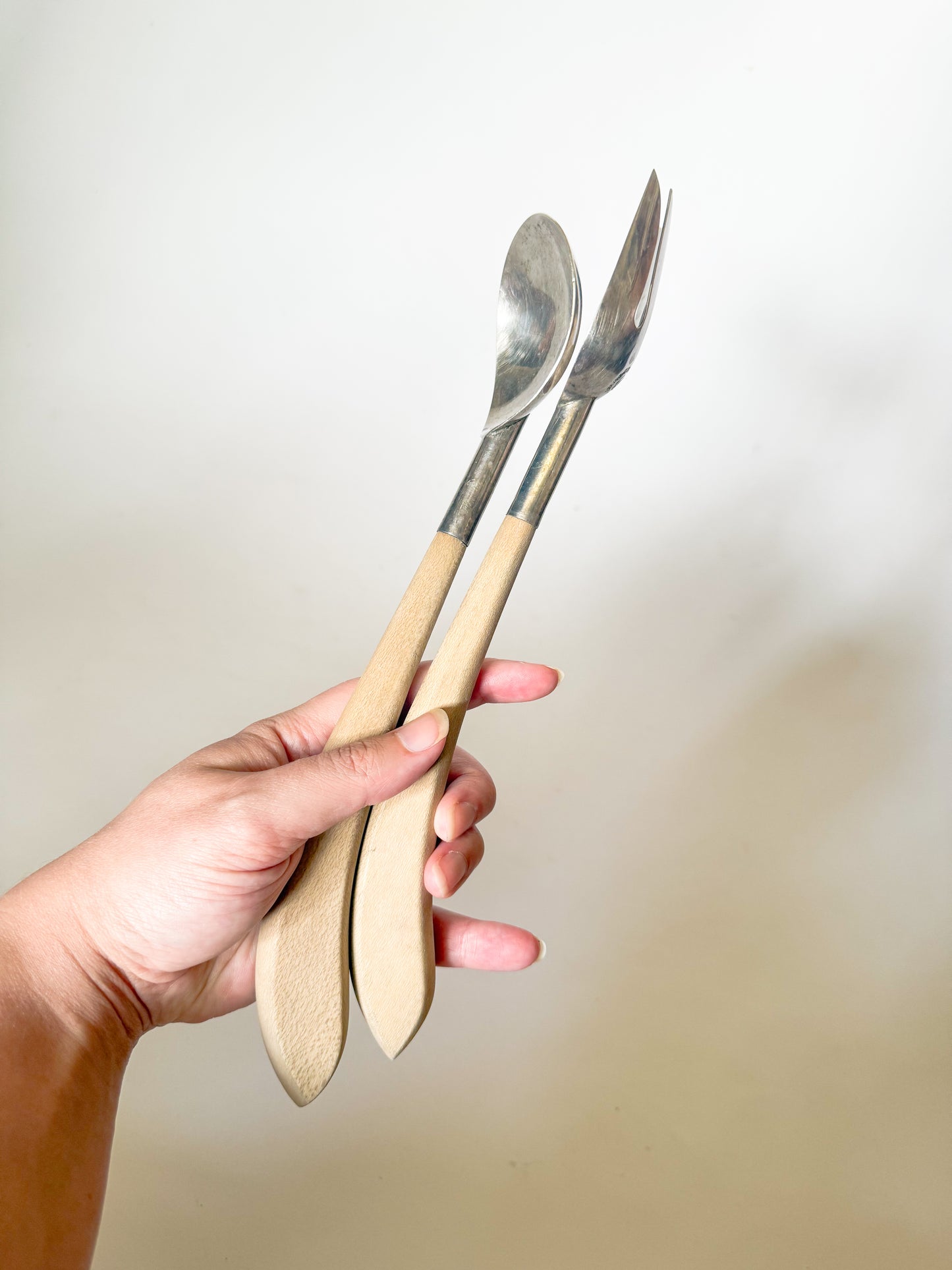 Vintage Mexican Sterling Silver Wood Handle Salad Server Set- 2 Pieces
