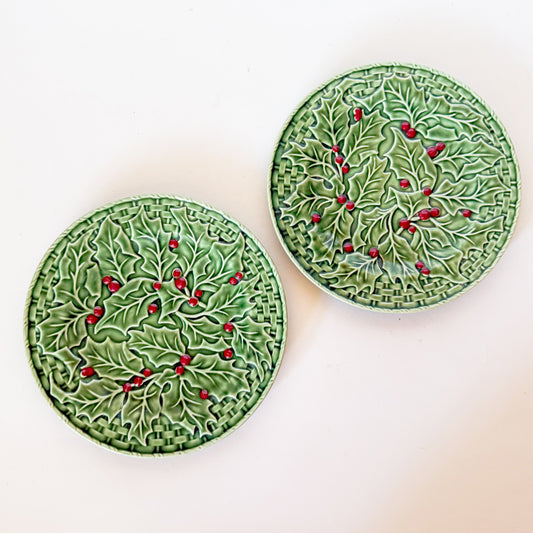 Bordallo Pinheiro Christmas Holly Salad Plates, A Pair