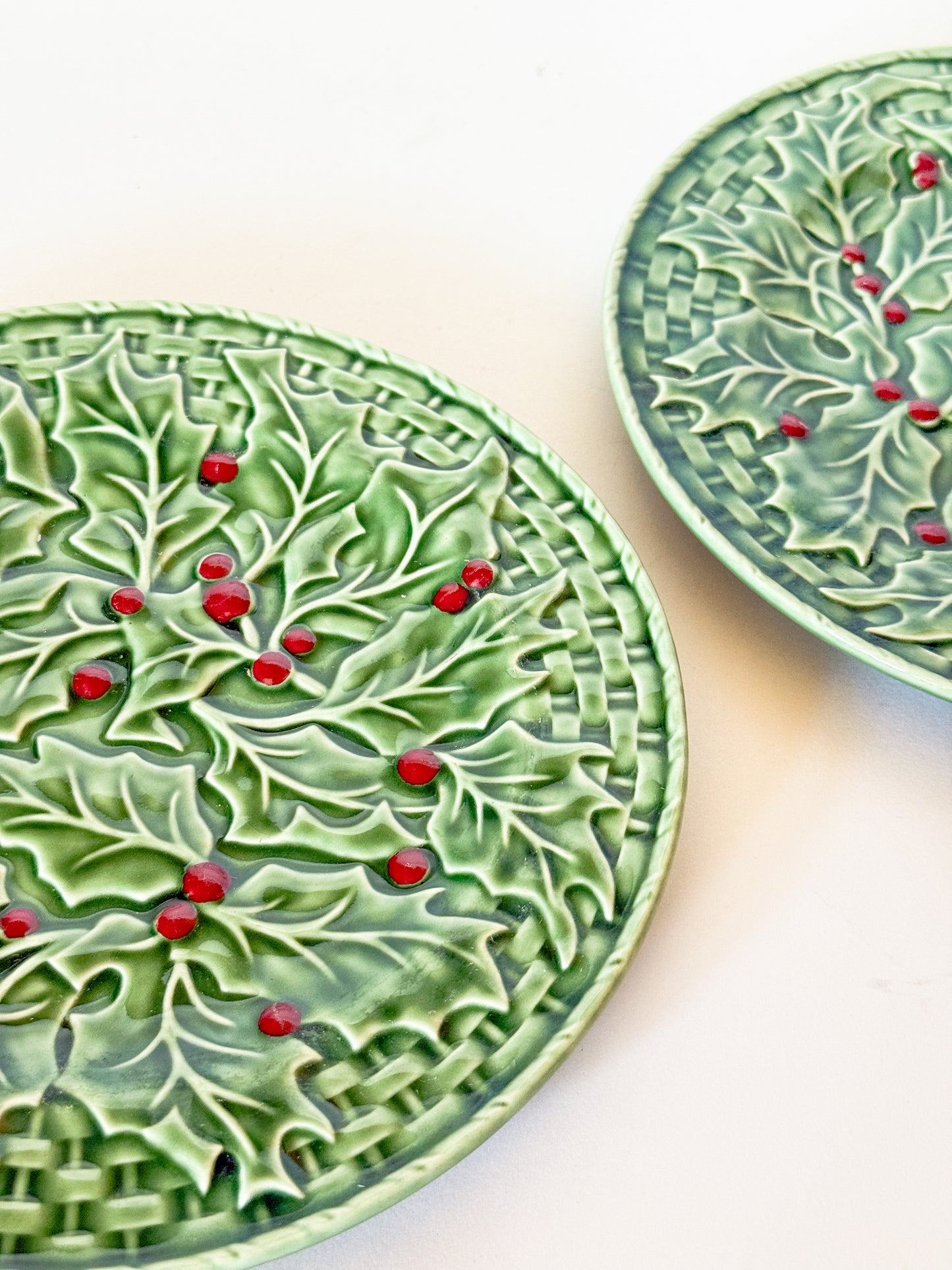 Bordallo Pinheiro Christmas Holly Salad Plates, A Pair