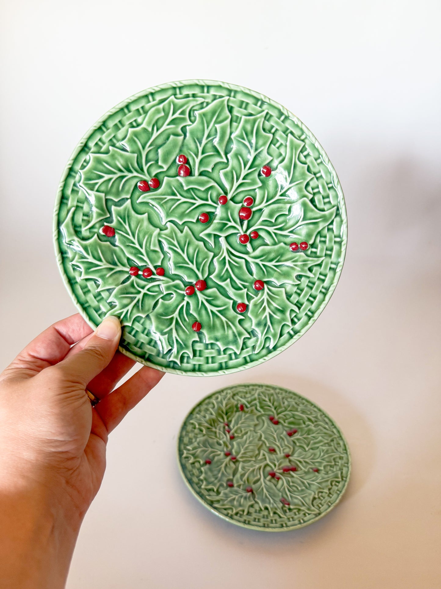 Bordallo Pinheiro Christmas Holly Salad Plates, A Pair