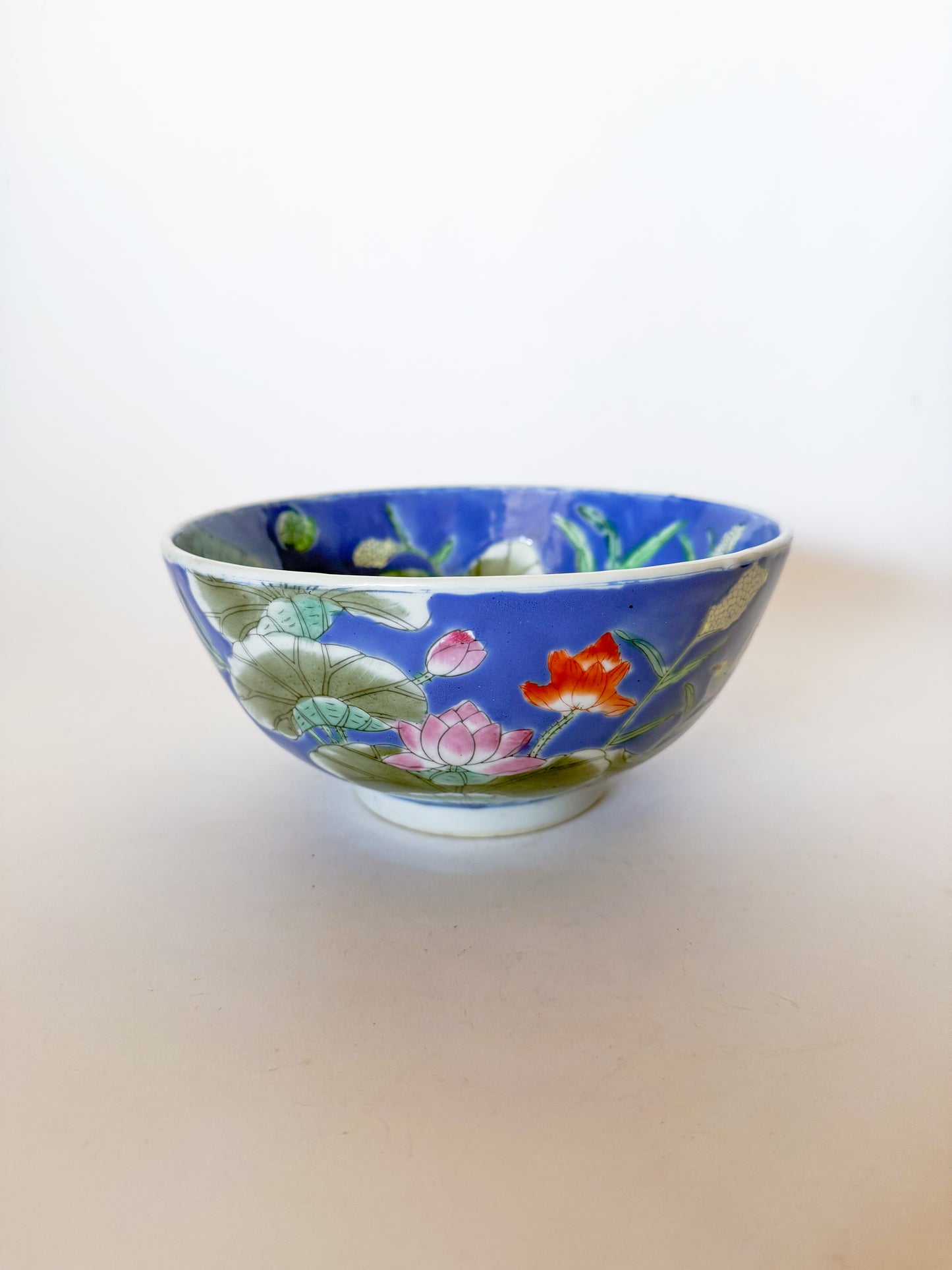 Vintage Chinoiserie Blue Bowl With Lily Pad and Mandarin Ducks