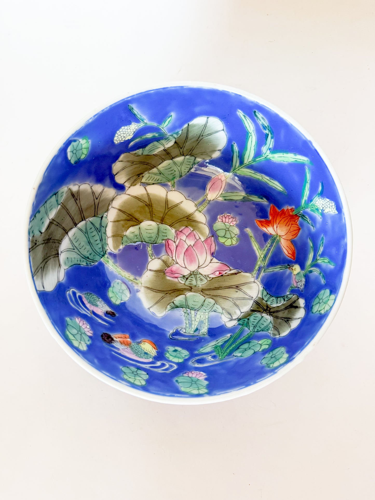 Vintage Chinoiserie Blue Bowl With Lily Pad and Mandarin Ducks