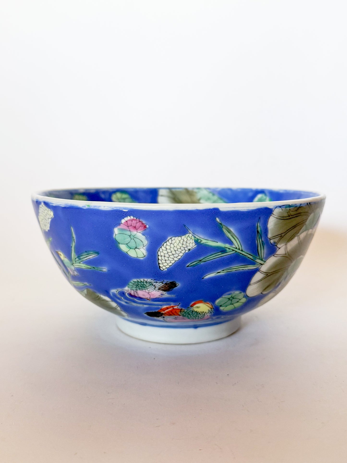 Vintage Chinoiserie Blue Bowl With Lily Pad and Mandarin Ducks