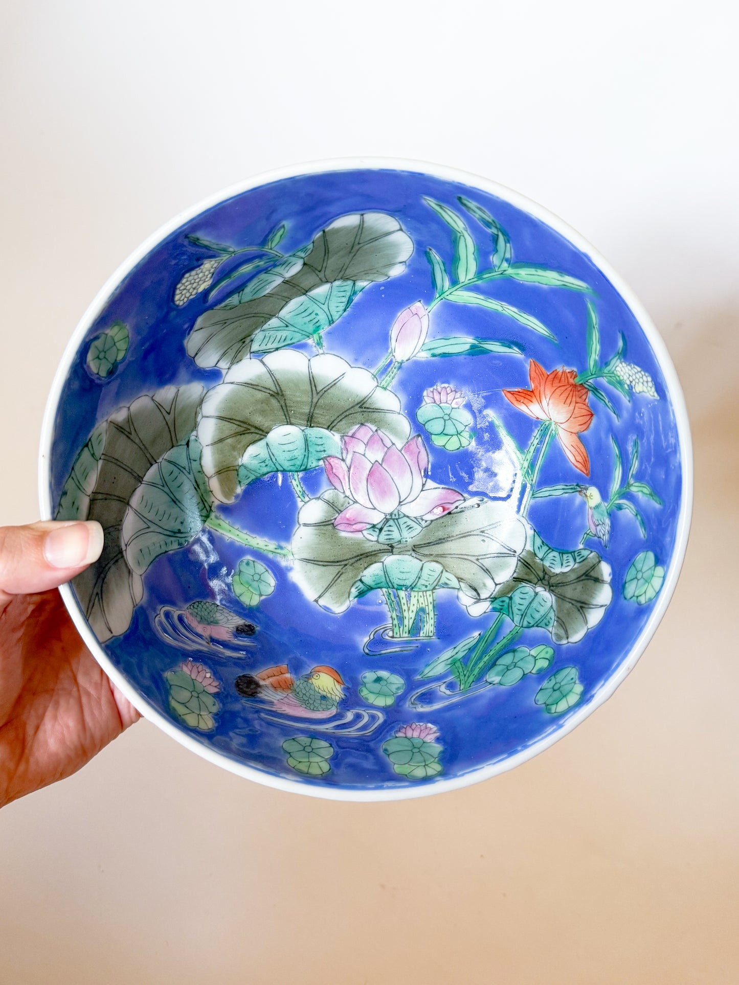 Vintage Chinoiserie Blue Bowl With Lily Pad and Mandarin Ducks