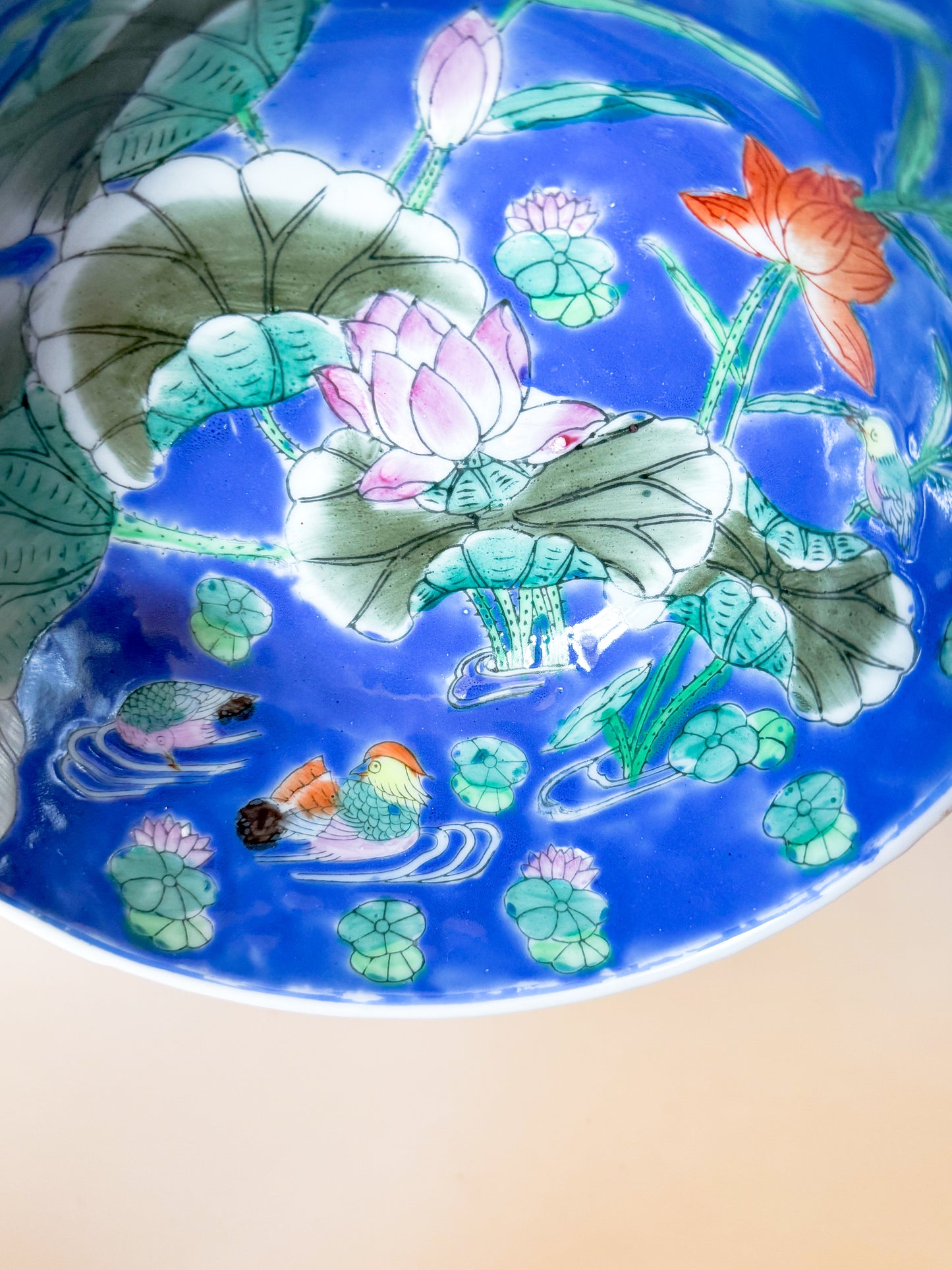 Vintage Chinoiserie Blue Bowl With Lily Pad and Mandarin Ducks