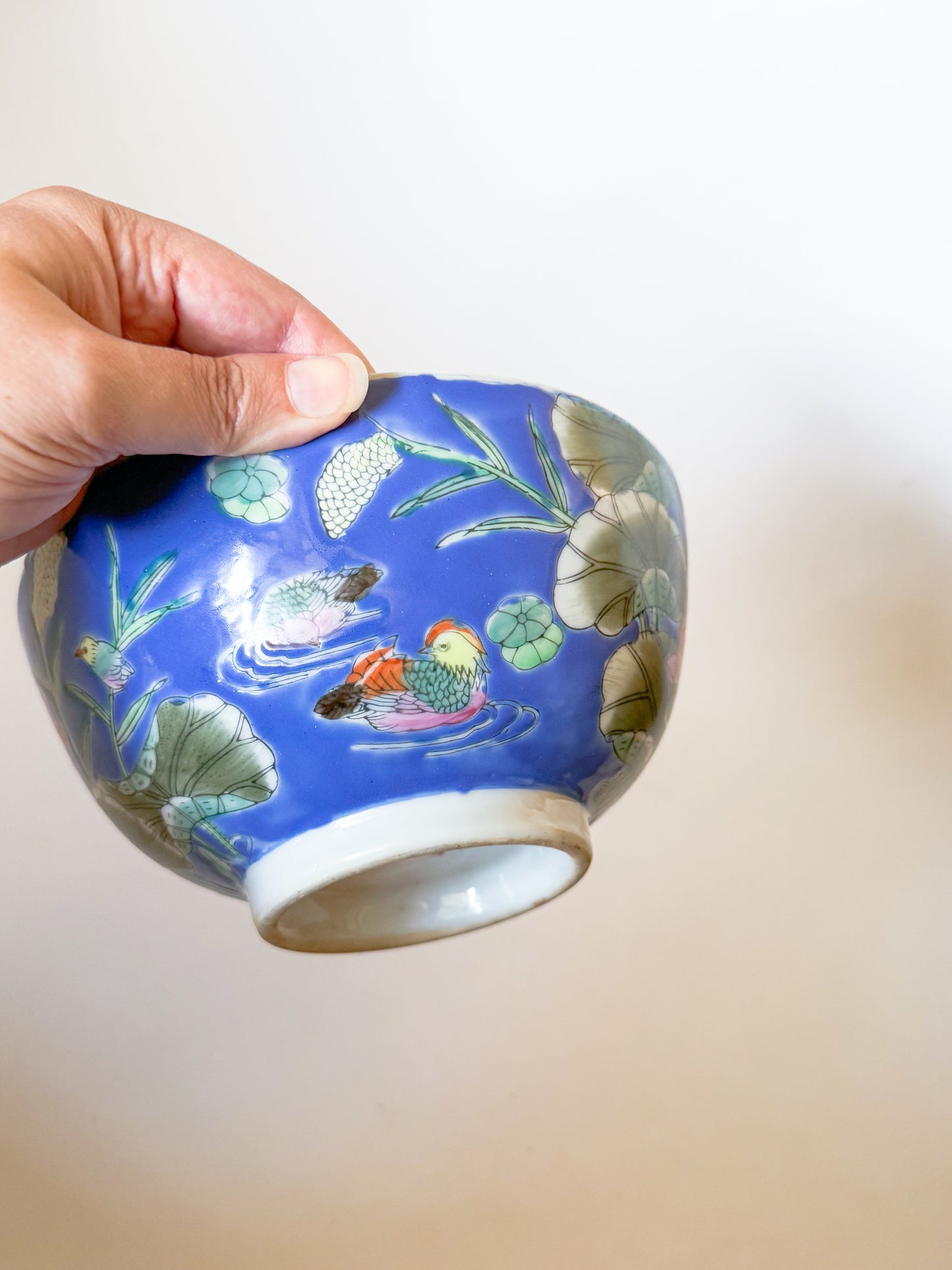 Vintage Chinoiserie Blue Bowl With Lily Pad and Mandarin Ducks