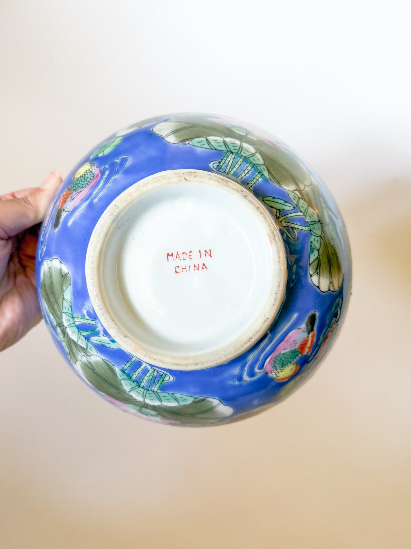 Vintage Chinoiserie Blue Bowl With Lily Pad and Mandarin Ducks