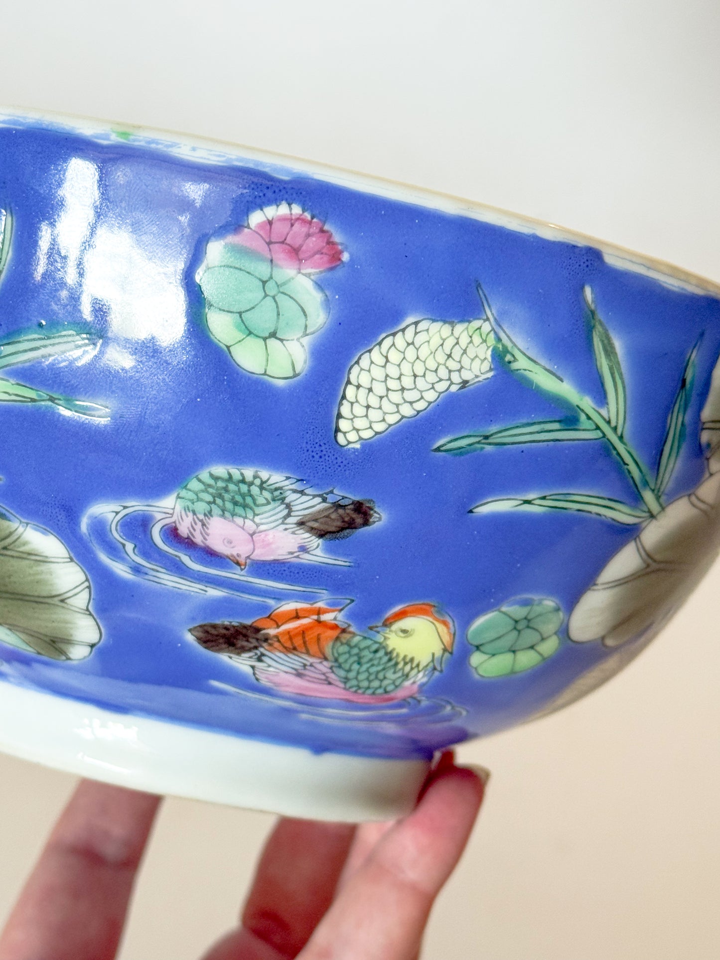 Vintage Chinoiserie Blue Bowl With Lily Pad and Mandarin Ducks