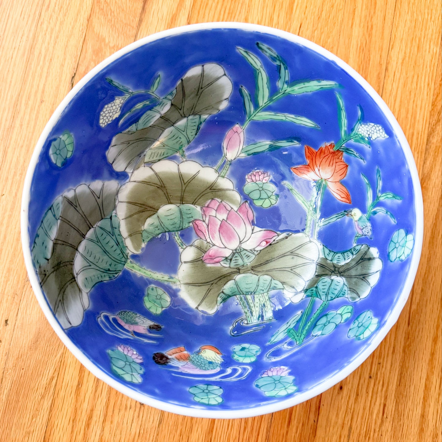 Vintage Chinoiserie Blue Bowl With Lily Pad and Mandarin Ducks