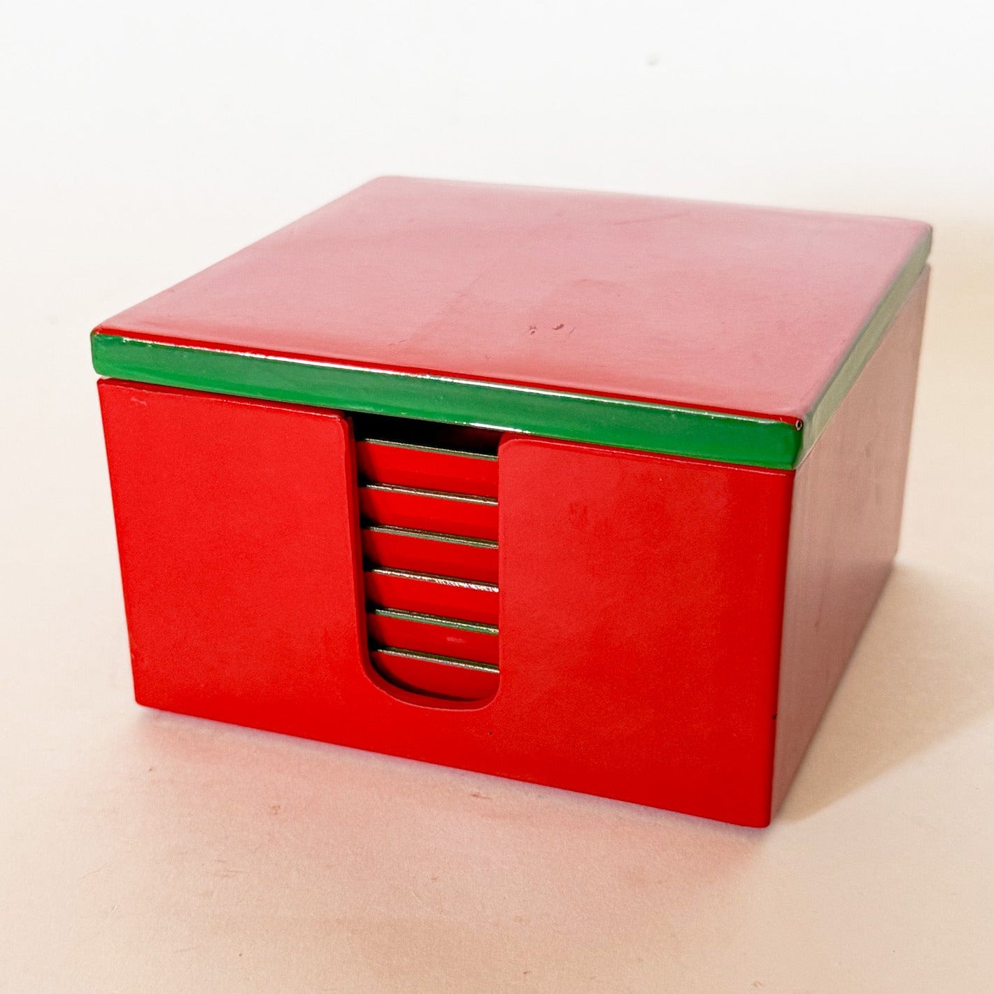 Vintage Lord & Taylor Red and Green Lacquerware Coaster Set- 7 Pieces