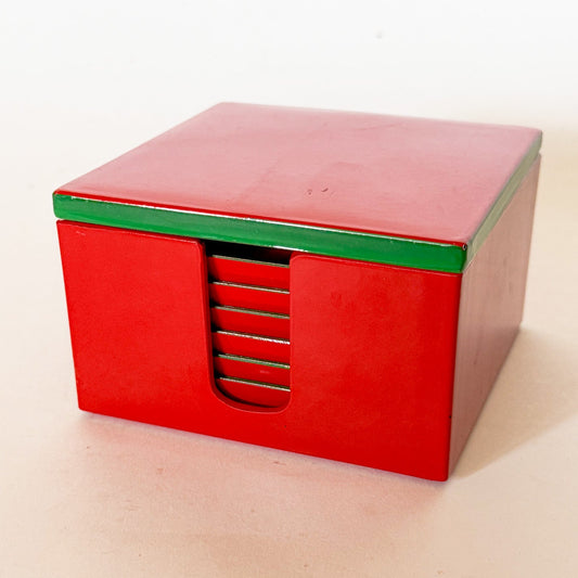 Vintage Lord & Taylor Red and Green Lacquerware Coaster Set- 7 Pieces